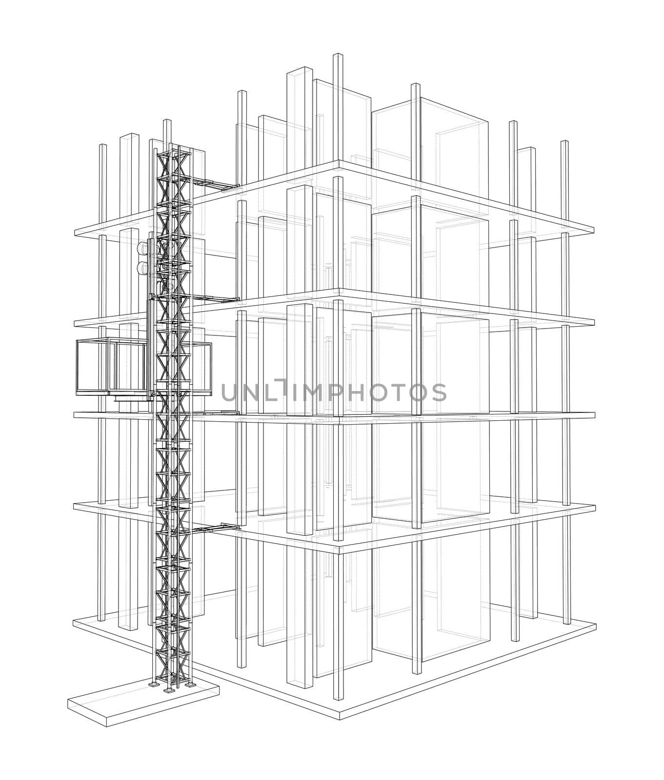 Building under construction with a mast lifts outline. 3d illustration
