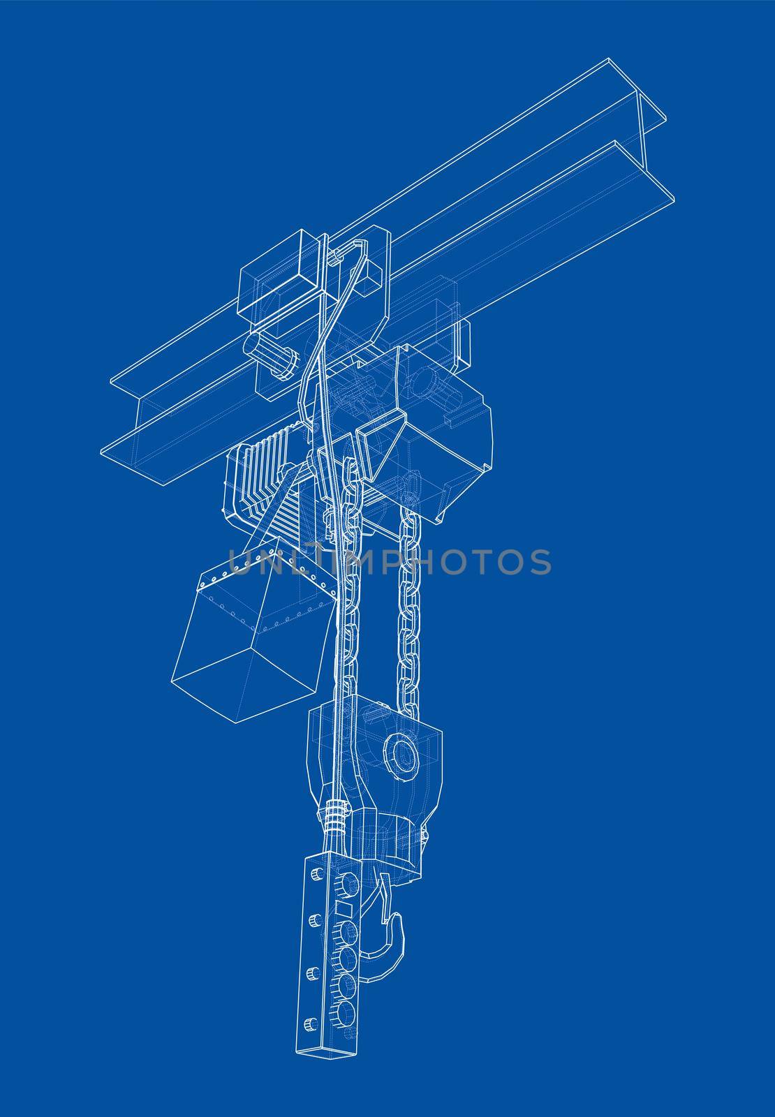 Winch or lifting machine concept outline. 3d illustration. Wire-frame style