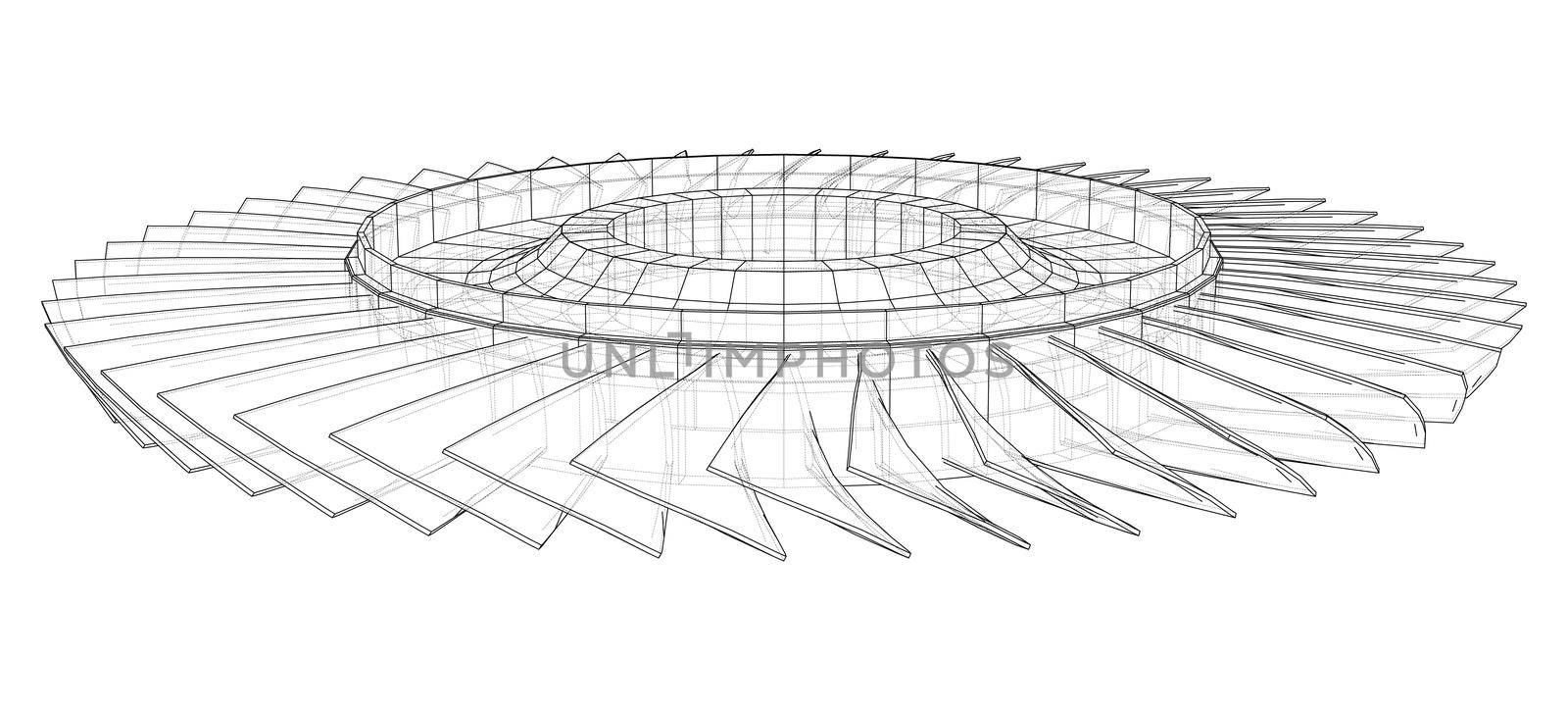 Turbine wheel concept outline. 3d illustration. Wire-frame style