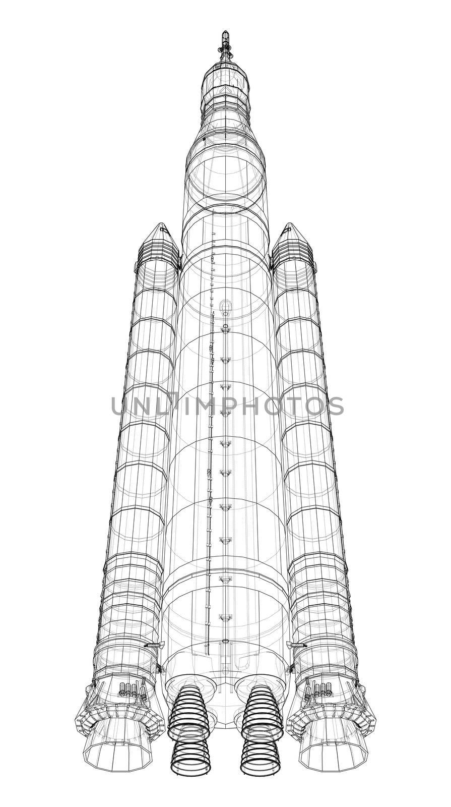 Space rocket concept outline. 3d illustration. Wire-frame style