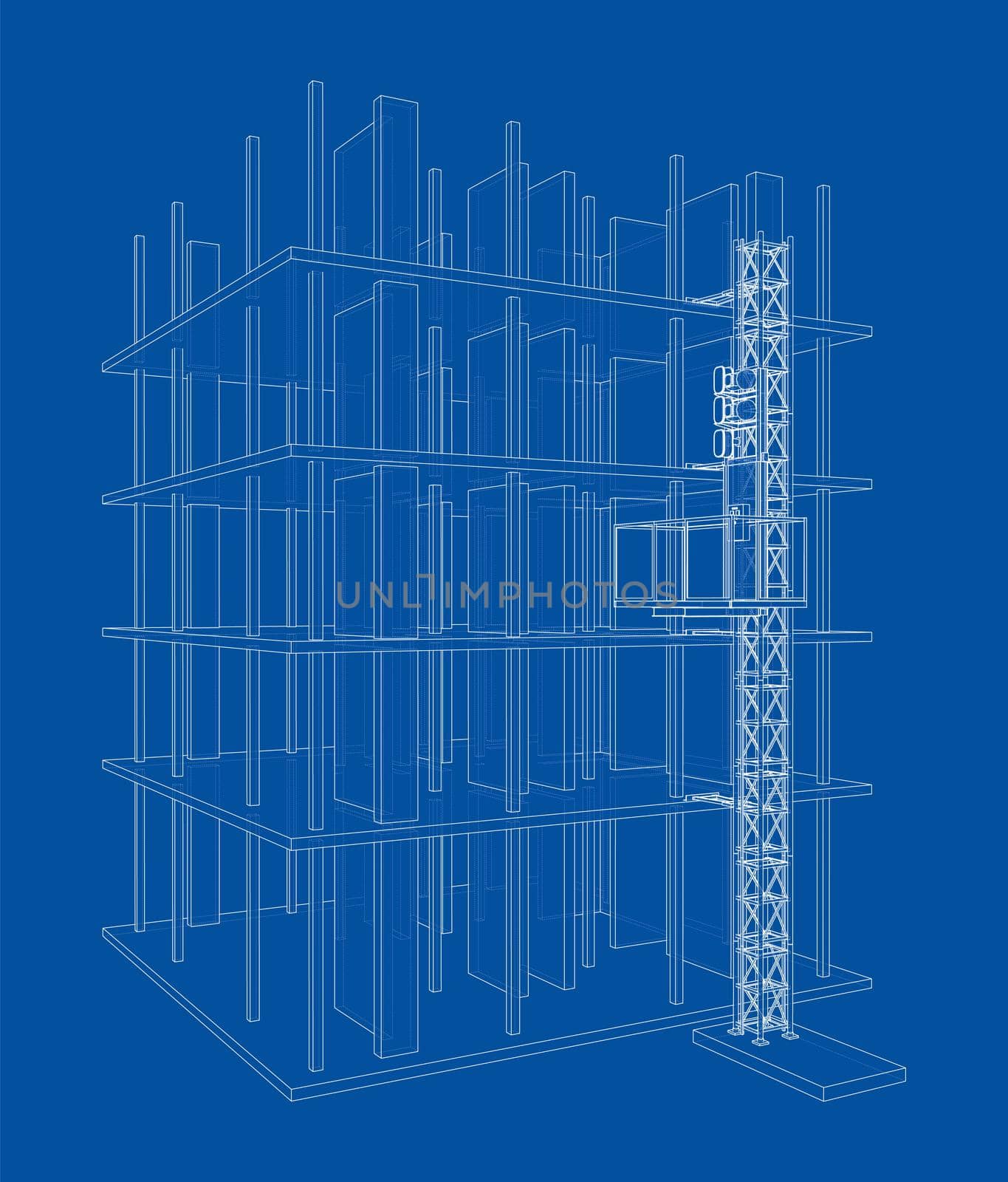 Building under construction with a mast lifts outline. 3d illustration