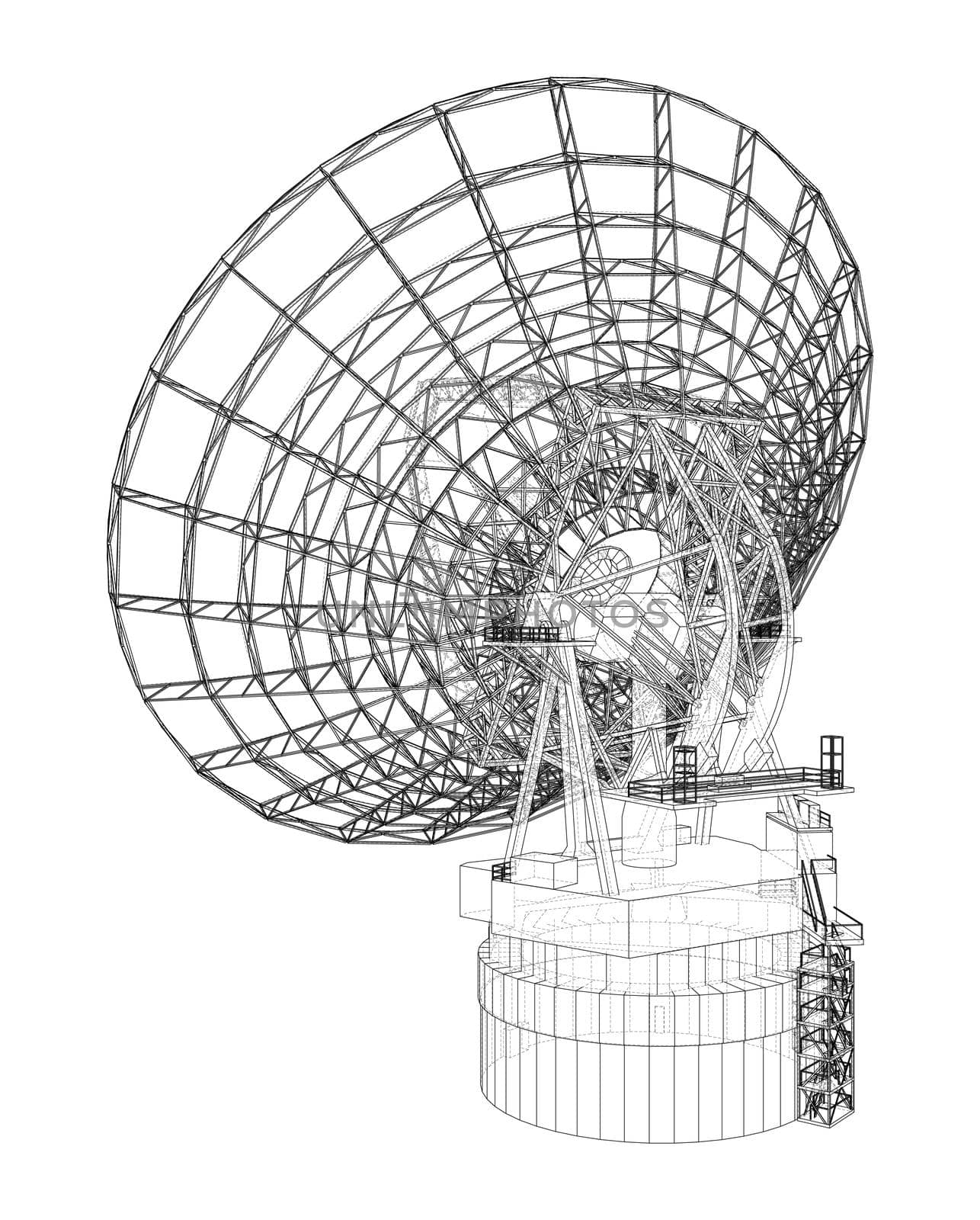 Radio Telescope concept outline. 3d illustration. Wire-frame style