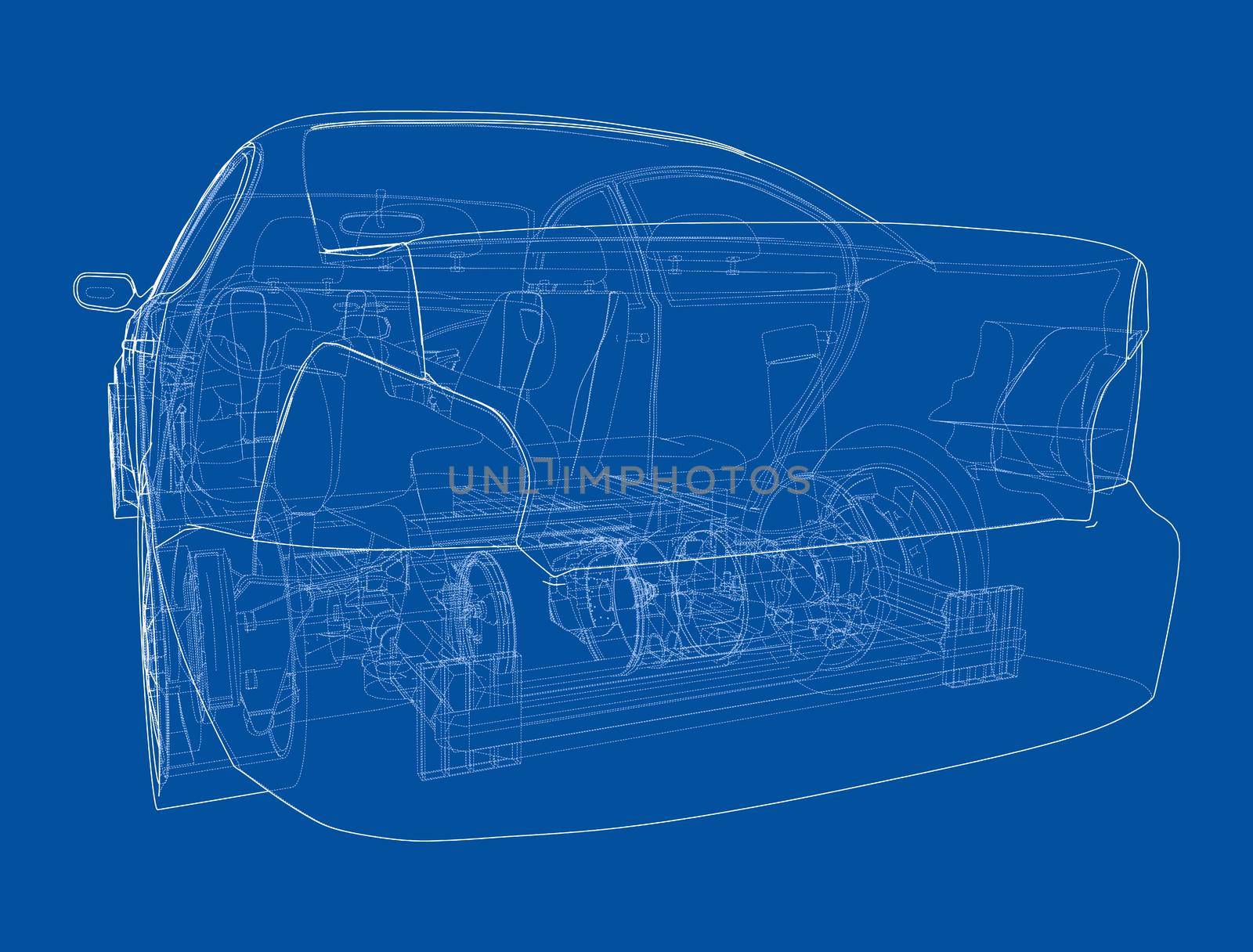 Electric Car With Chassis. Battery, suspension and wheel drive. 3d illustration