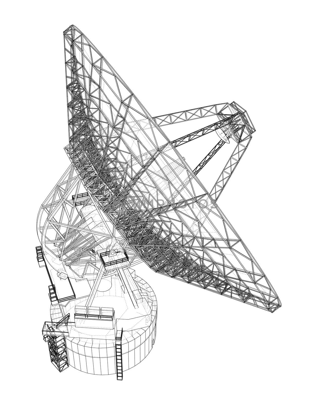 Radio Telescope concept outline. 3d illustration. Wire-frame style