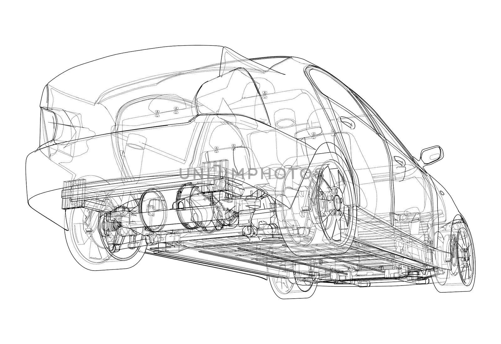 Electric Car With Chassis. 3d illustration by cherezoff