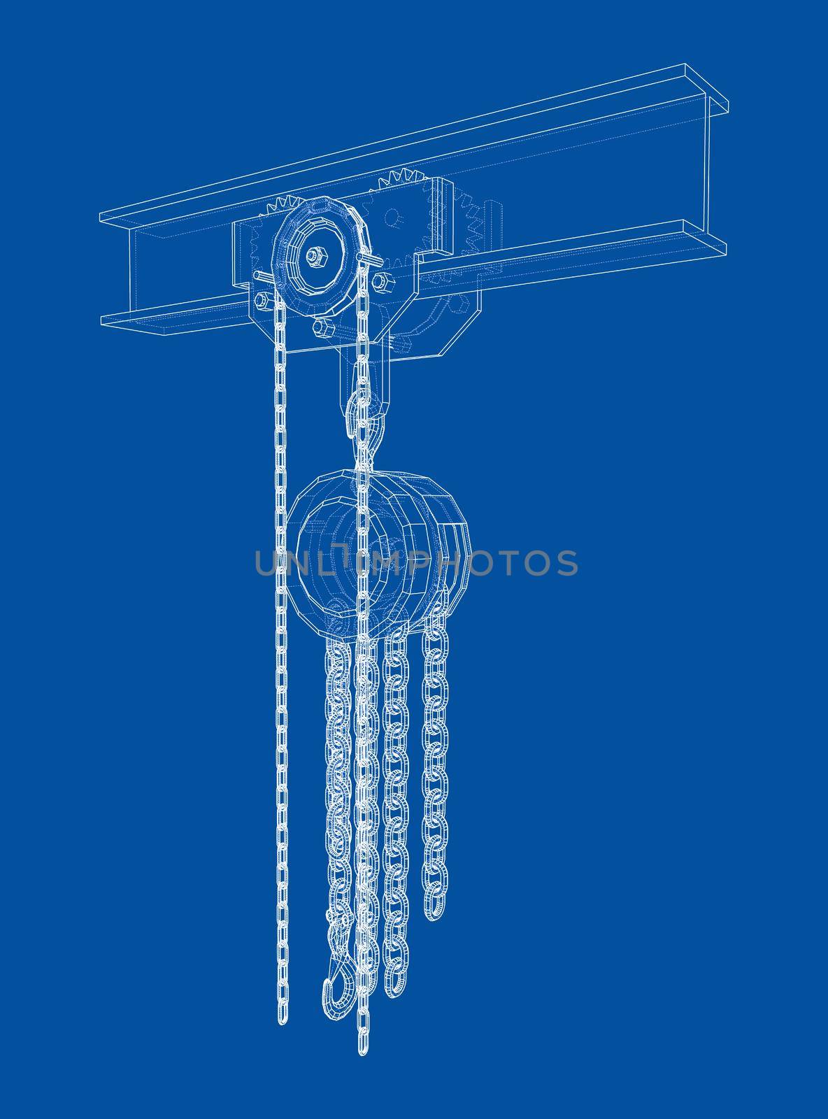 A Hoist on the beam. 3d illustration. Wire-frame style