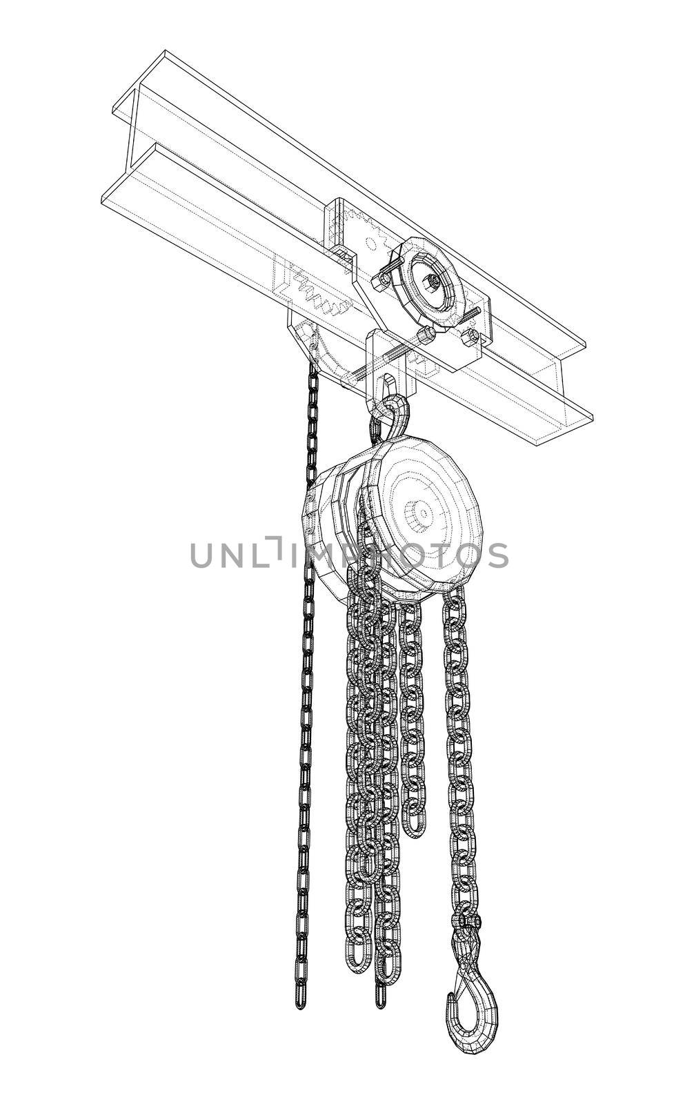 A Hoist on the beam. 3d illustration. Wire-frame style