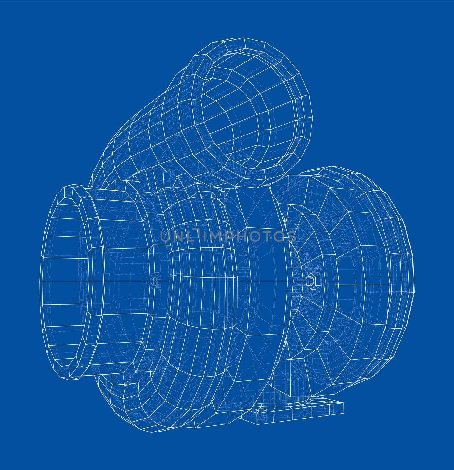 Automobile turbocharger concept outline. 3d illustration. Wire-frame style