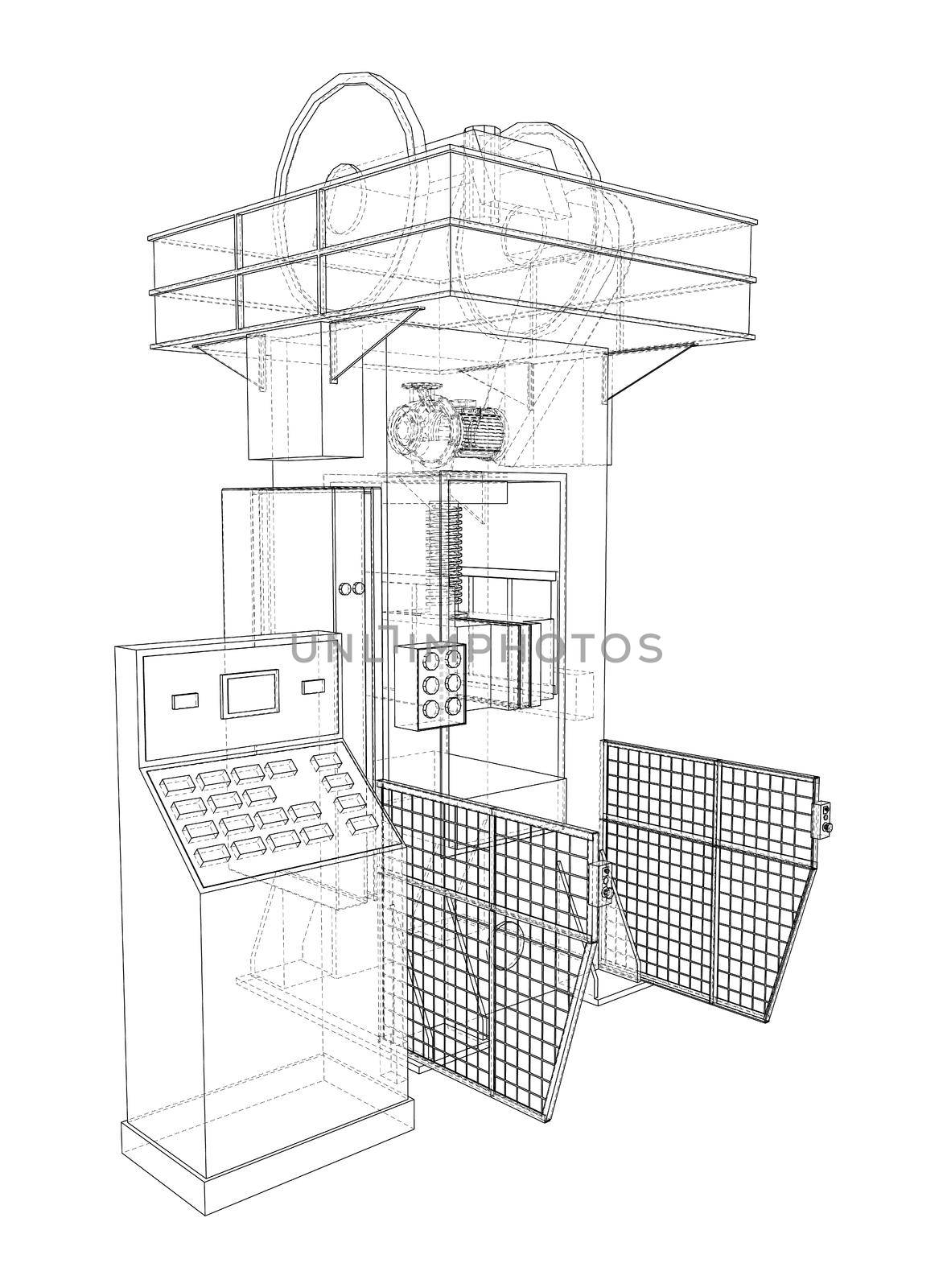 Hydraulic Press. 3d illustration. Wire-frame or blueprint style