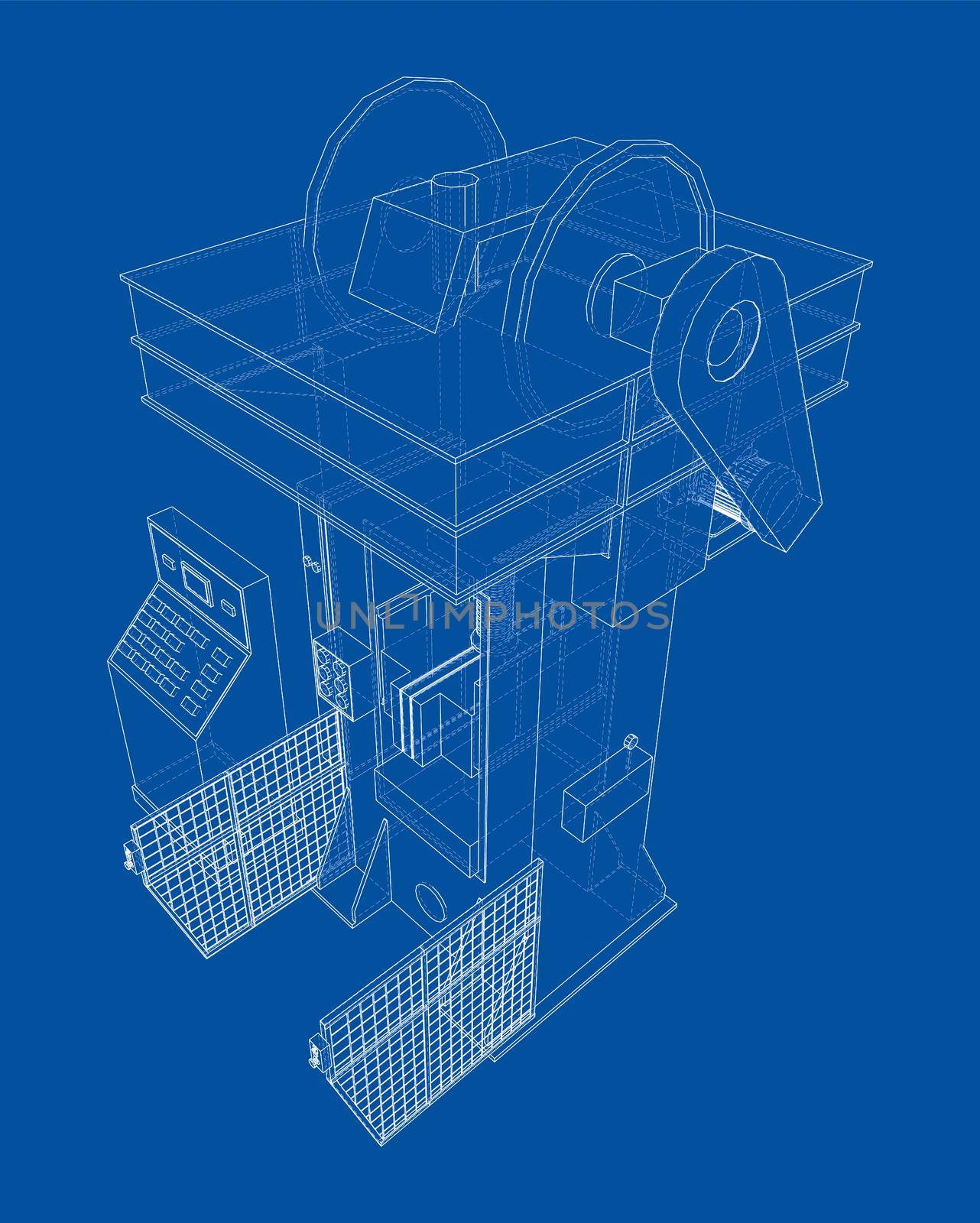 Hydraulic Press. 3d illustration. Wire-frame or blueprint style