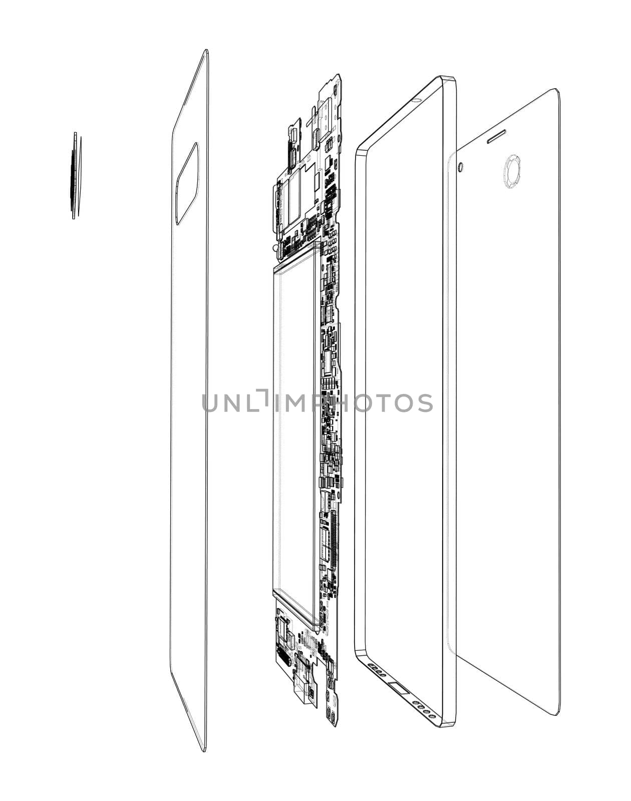 Disassembled smartphone concept outline. 3d illustration. Wire-frame style