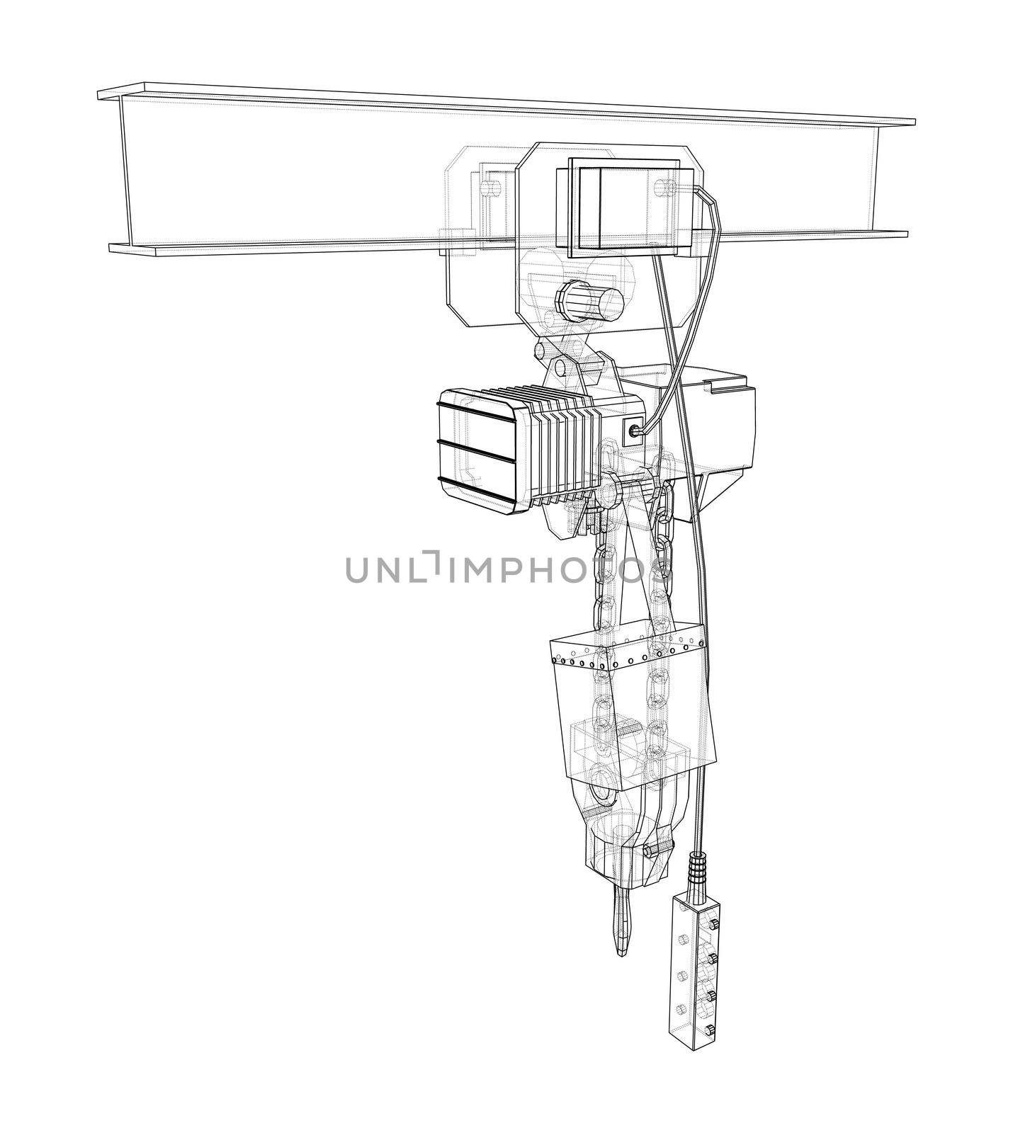 Winch or lifting machine concept outline. 3d illustration. Wire-frame style