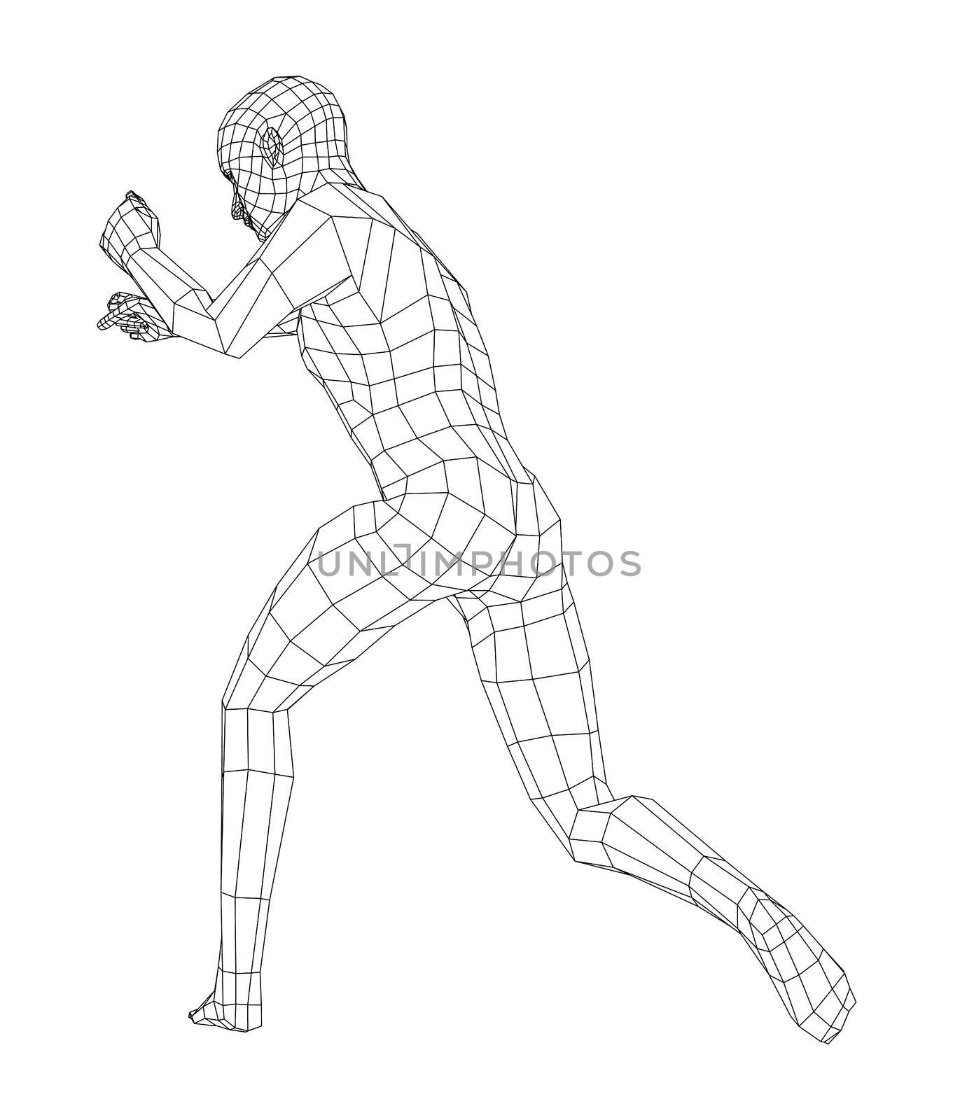 Wireframe boxing man. 3d illustration. Man in boxing pose