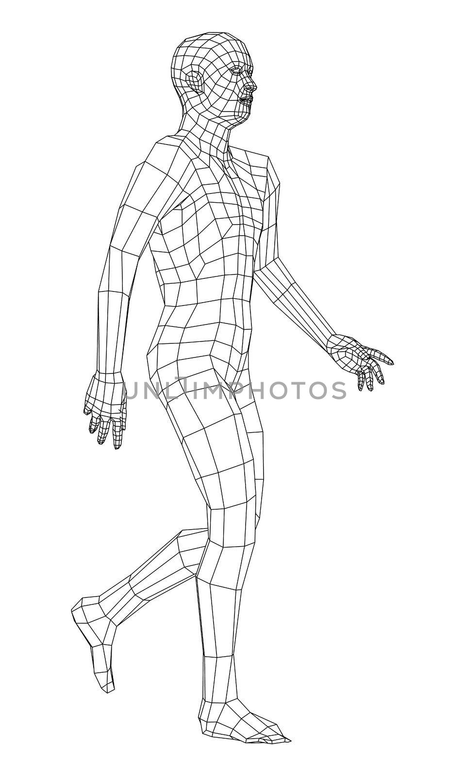 Wireframe walking man. 3d illustration by cherezoff