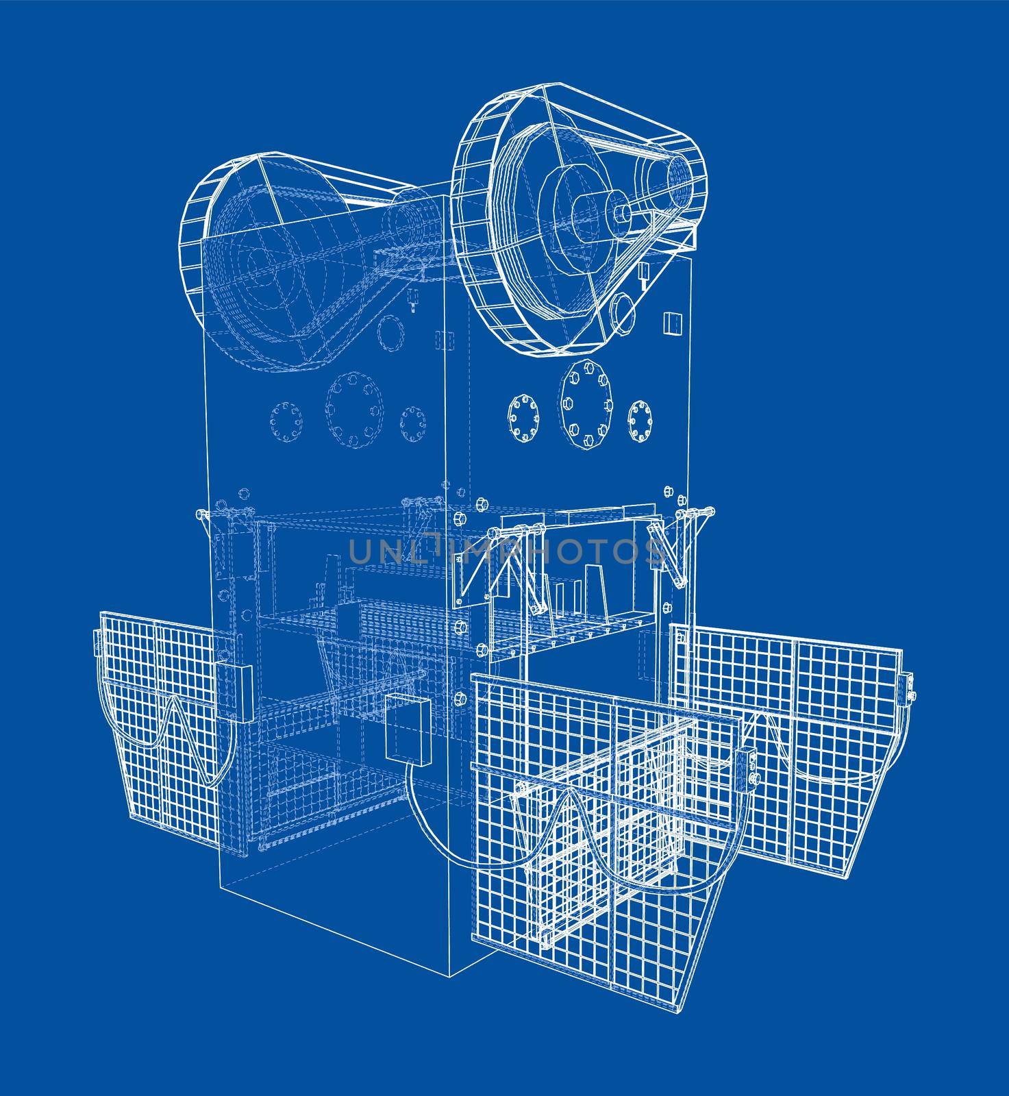 Powerful Press. 3d illustration. Wire-frame or blueprint style