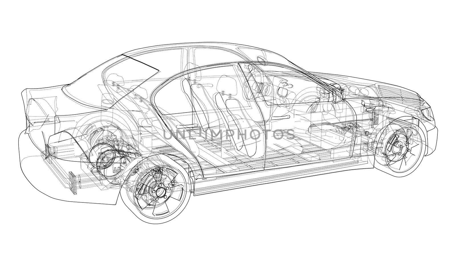 Electric Car With Chassis. Battery, suspension and wheel drive. 3d illustration
