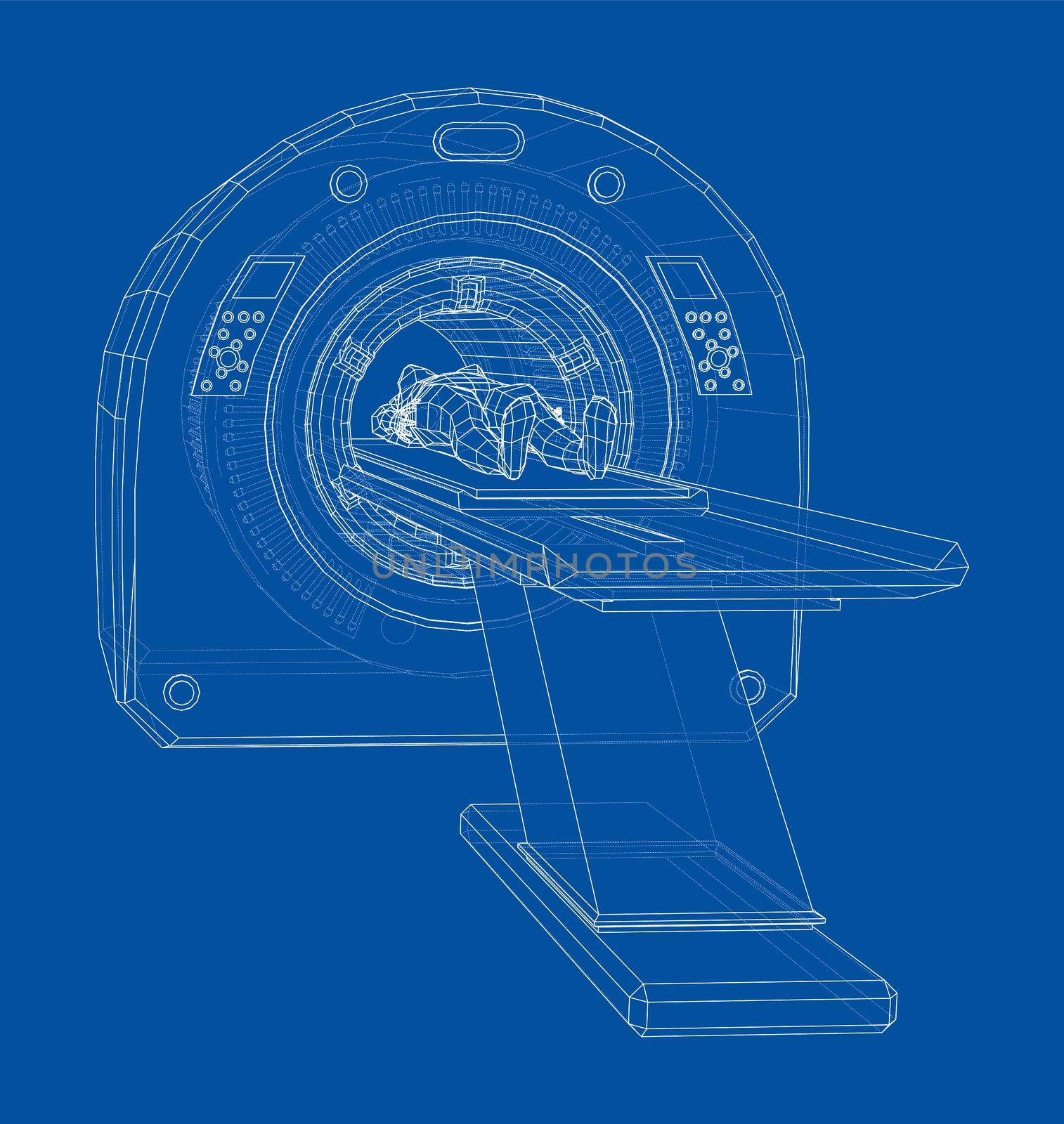 Female Patient Lying on a CT or MRI Scan. Wire-frame style. 3d illustration