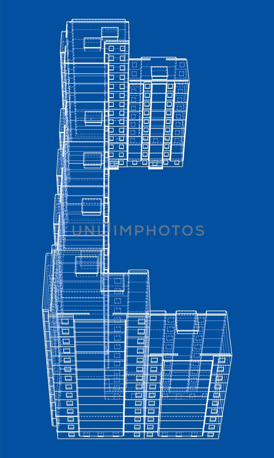 Multi-storey residential building. Construction concept. Drawing or blueprint style. 3d illustration