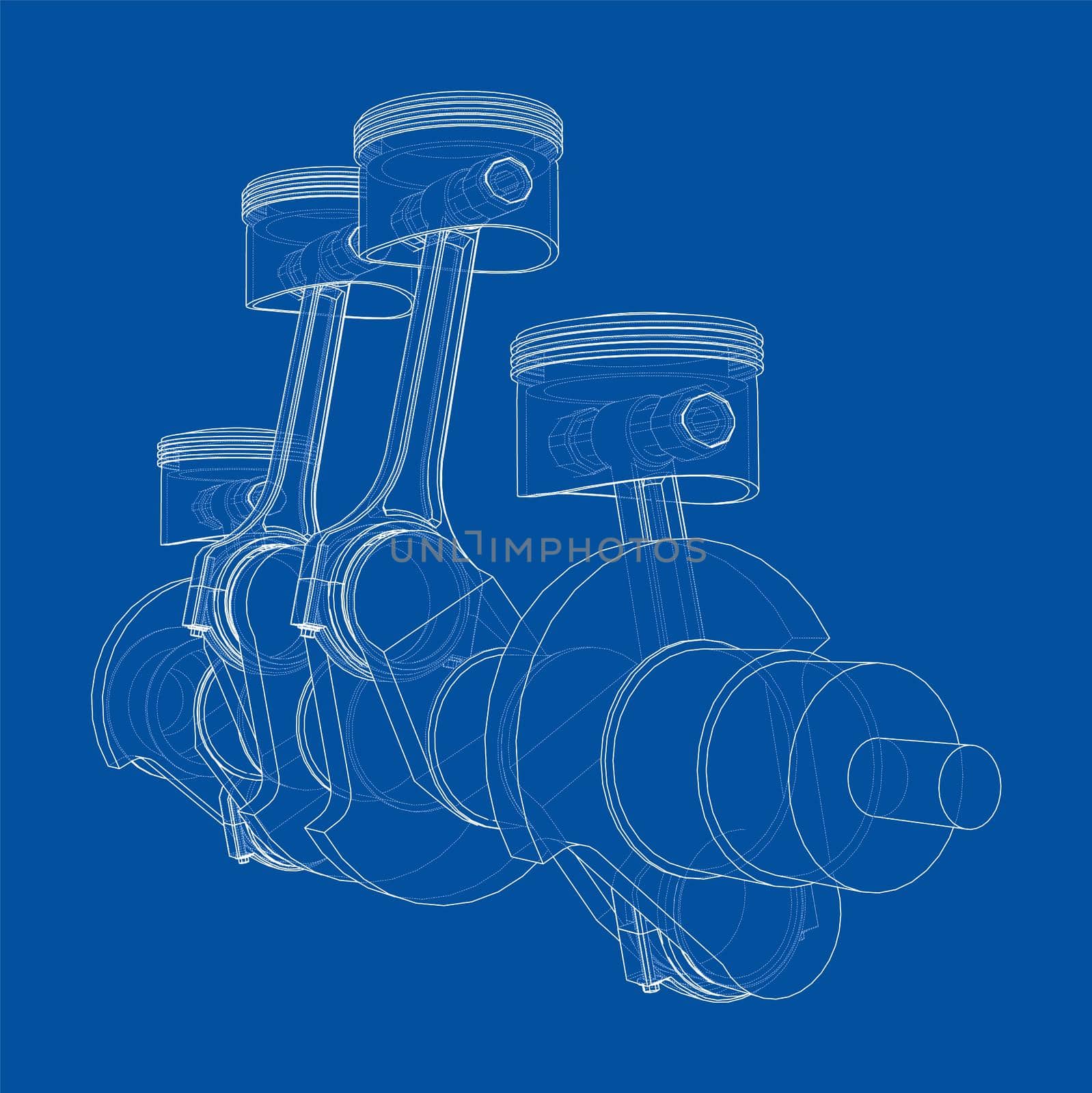 Engine crankshaft with pistons outline. 3d illustration. Wire-frame style