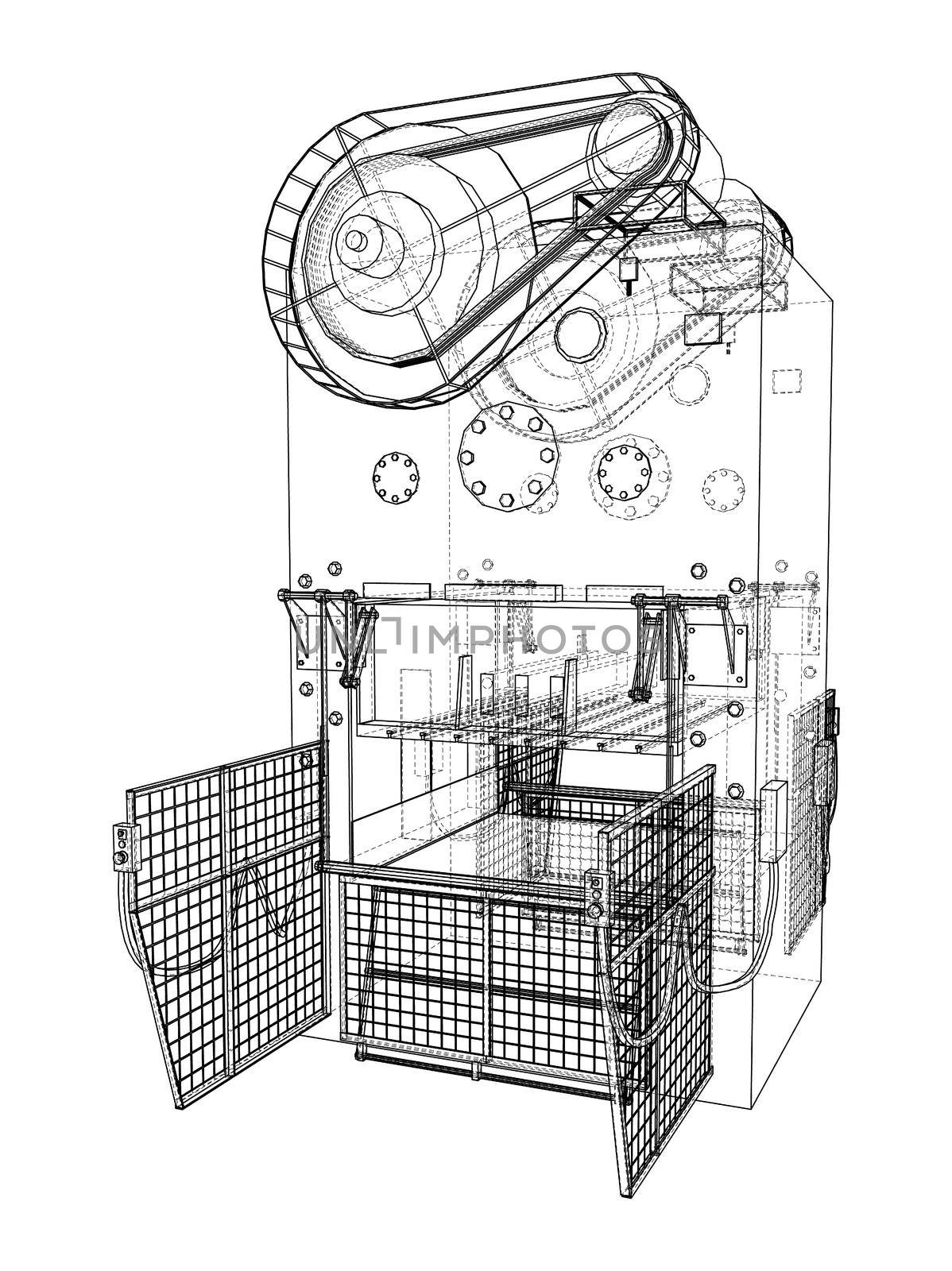 Powerful Press. 3d illustration. Wire-frame or blueprint style