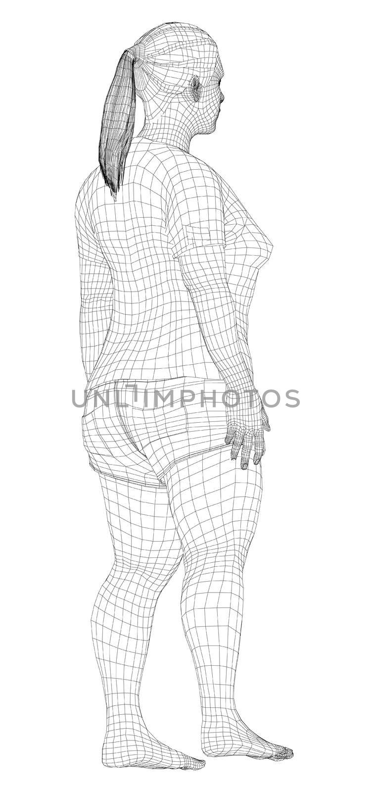 Fat woman, before weight loss in sportswear. 3d illustration. Back view