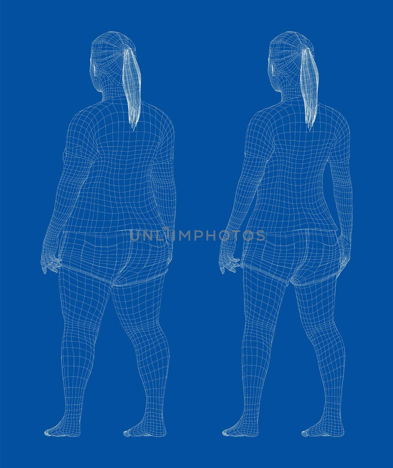 Fat and slim woman, before and after weight loss in sportswear. 3d illustration. Rear view