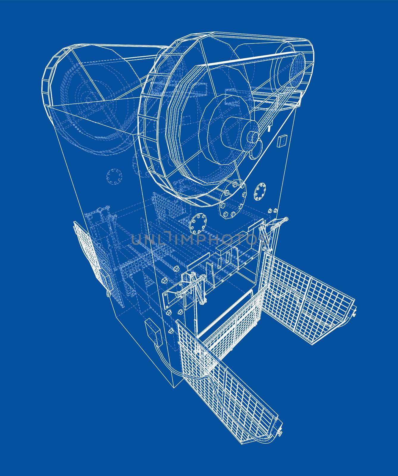 Powerful Press. 3d illustration. Wire-frame or blueprint style