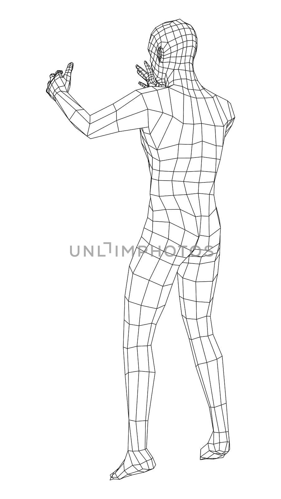 Wireframe jumping man. 3d illustration. Man in jumping pose