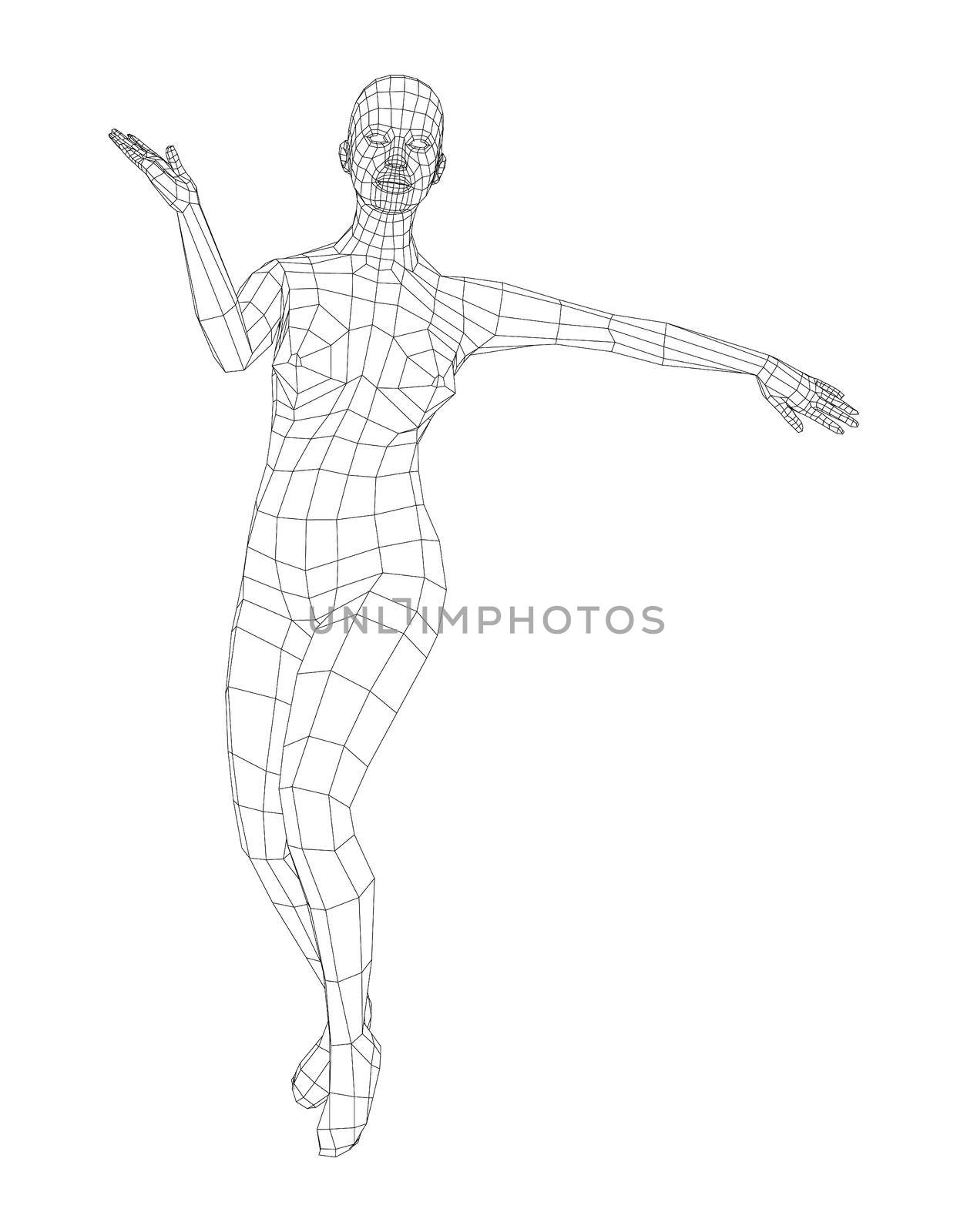 Wireframe ballerina or dancer in dance pose. Female dancing salsa. 3d illustration