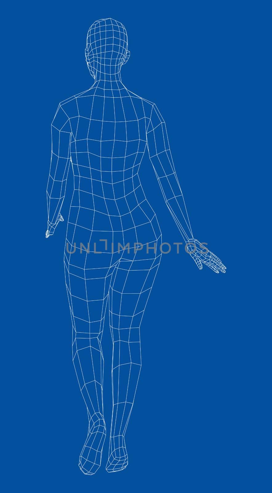 Wireframe walking woman. 3d illustration. Female in walking pose