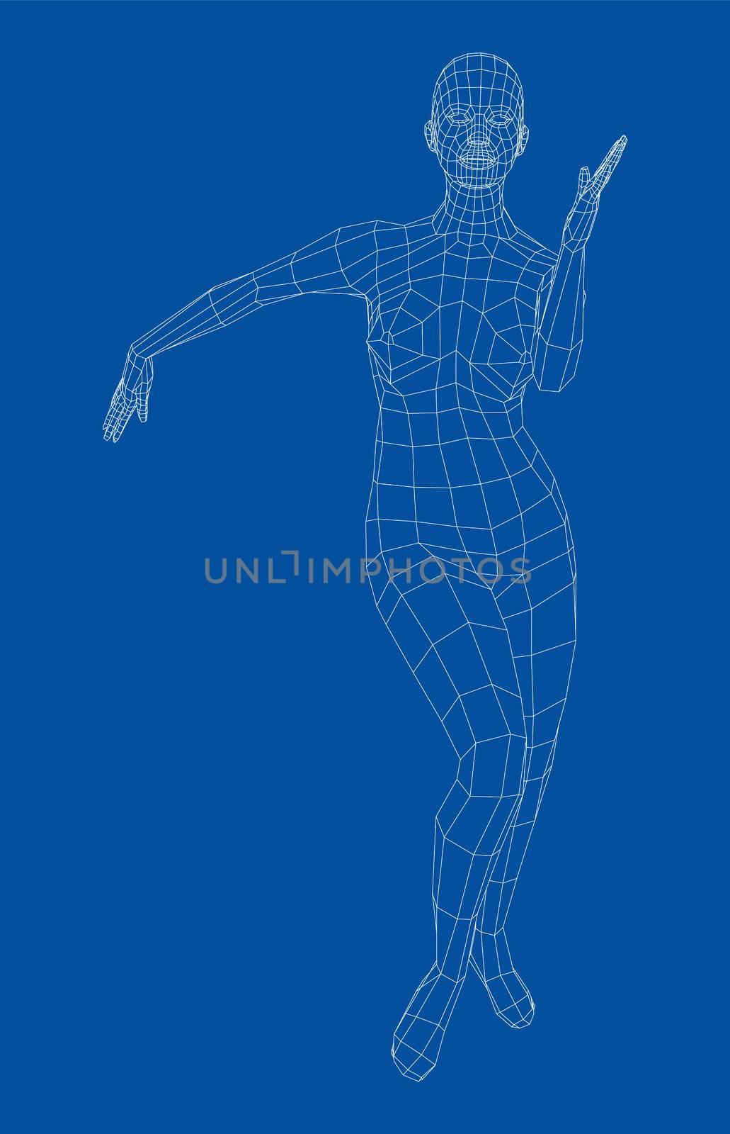 Wireframe ballerina or dancer in dance pose. Female dancing salsa. 3d illustration