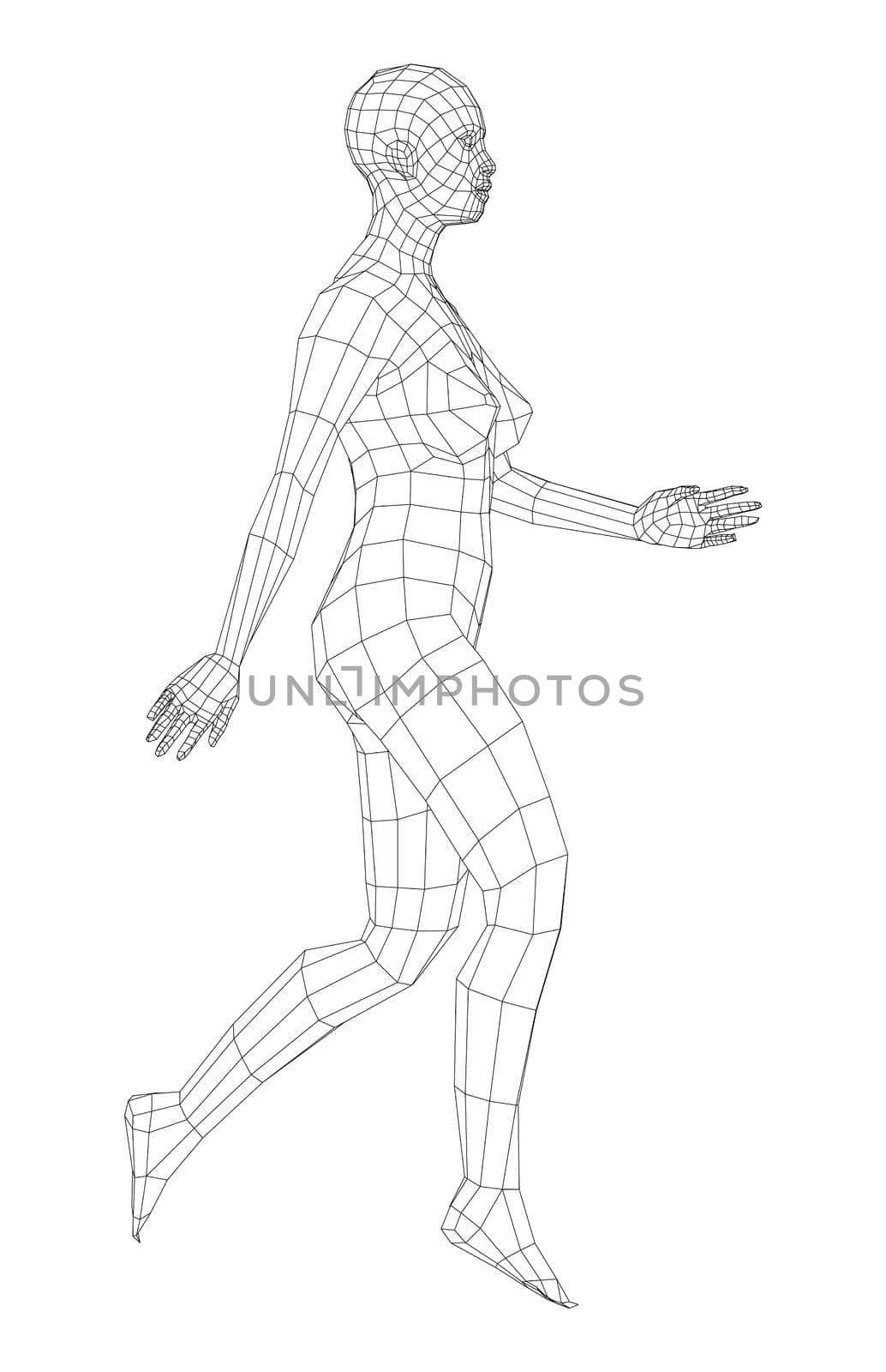 Wireframe walking woman. 3d illustration. Female in walking pose