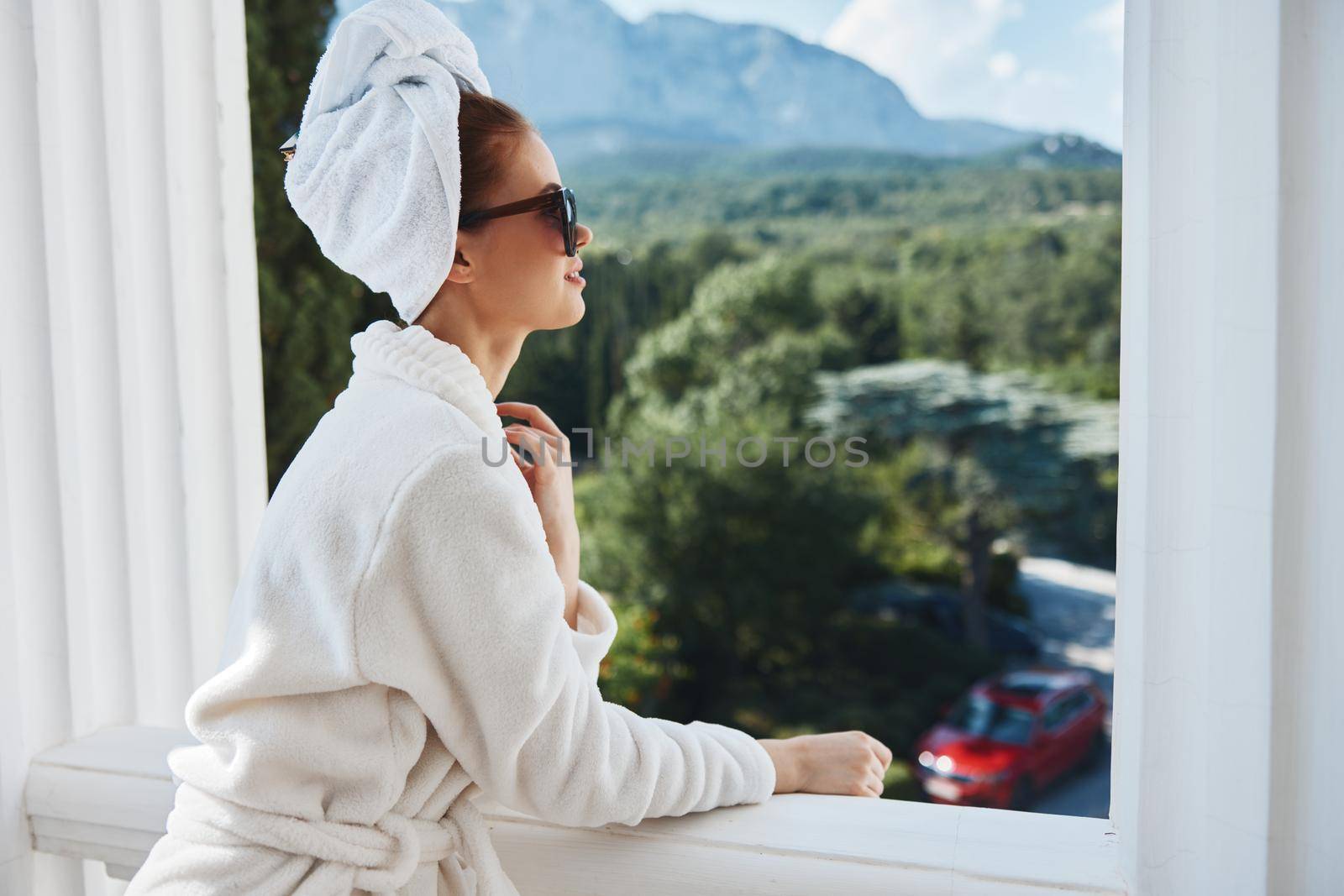 pretty woman good mood morning mountains landscape Perfect sunny morning. High quality photo