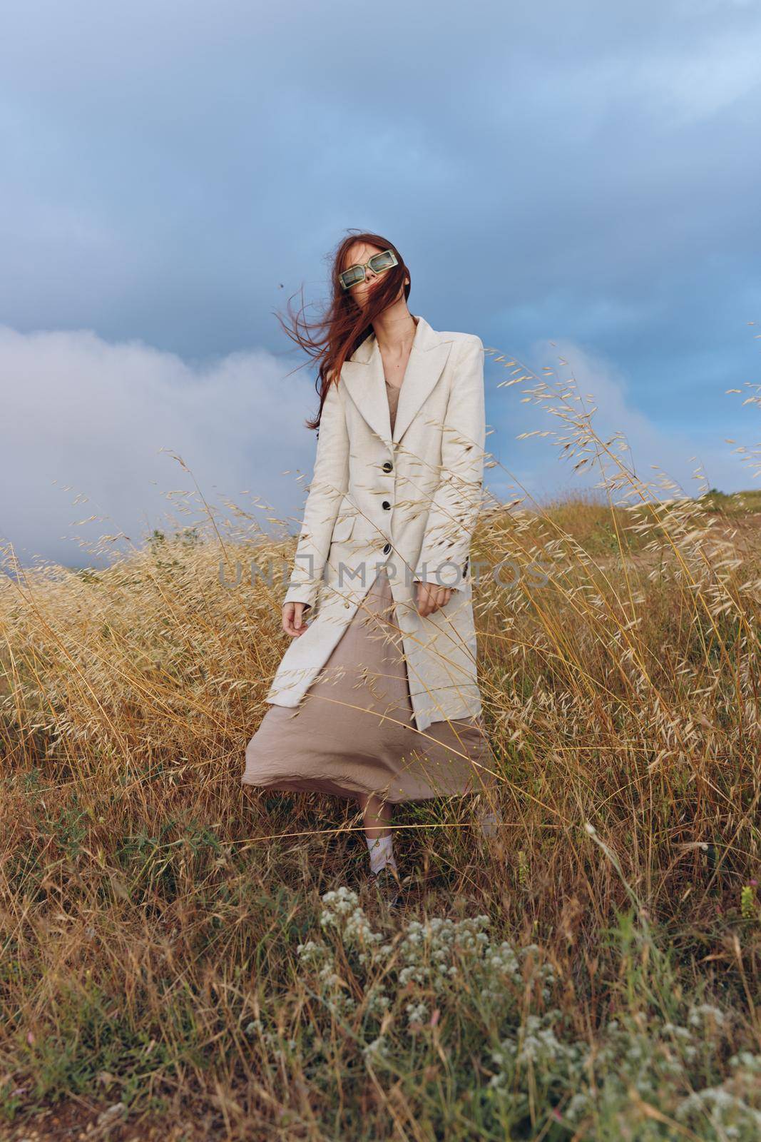 woman wheat countryside landscape freedom sunny day. High quality photo