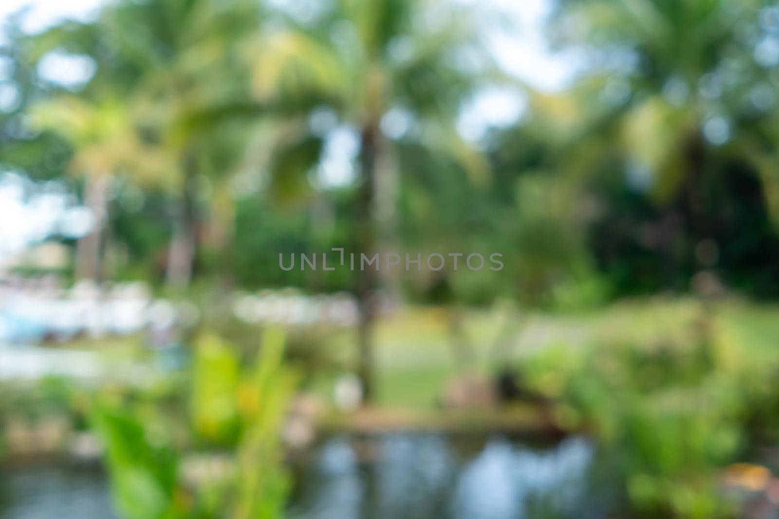 Background of a blurry resort and hotel with a swimming pool and a beach chair.