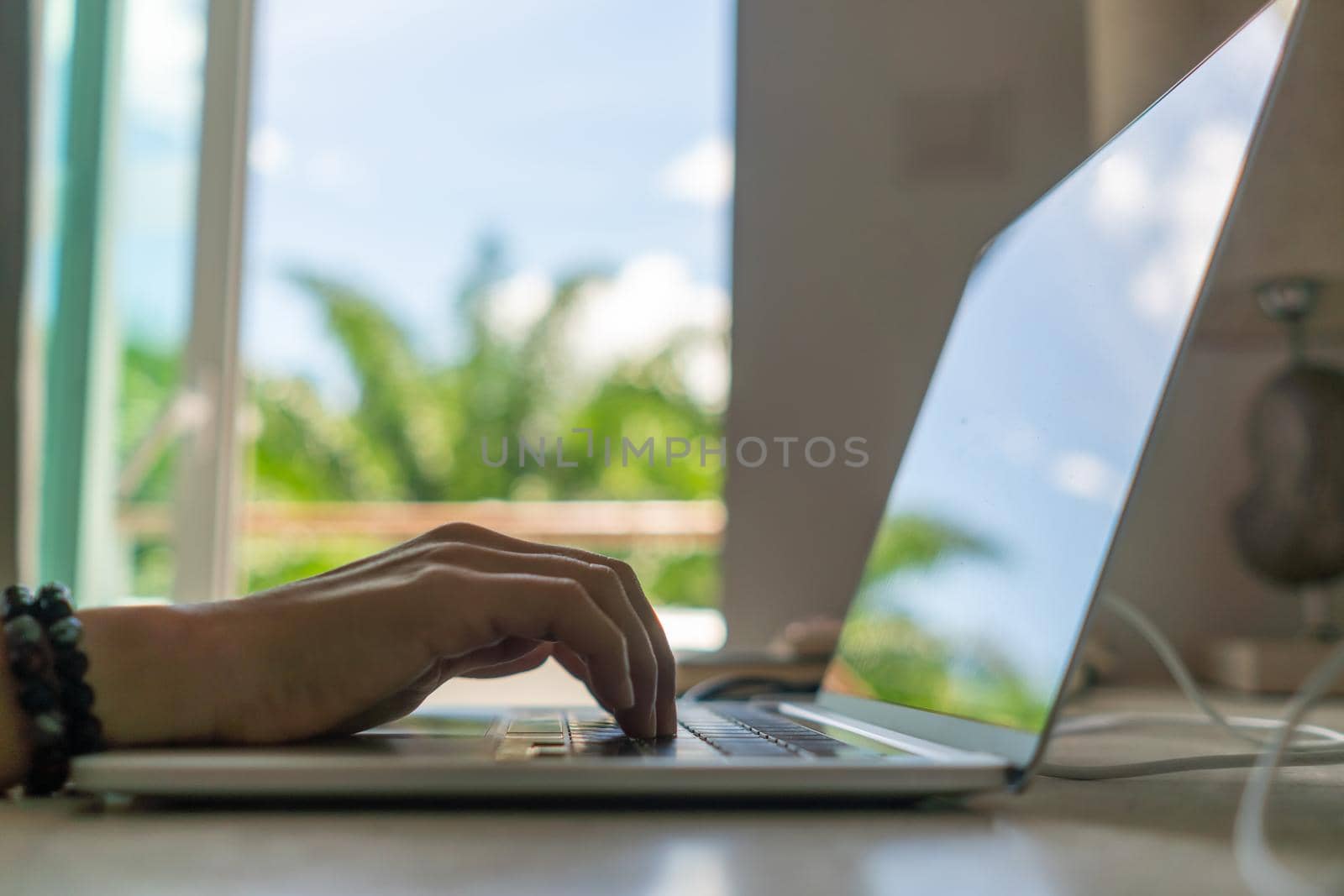 People using laptop to work study on work desk. Business, financial, trade stock maket and social network. by Suwant