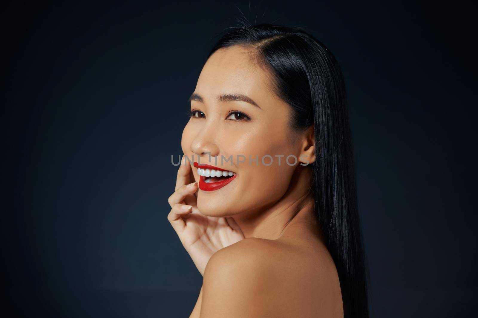 Sensual beautician woman portrait, touching hand faced, elegant and romantic females