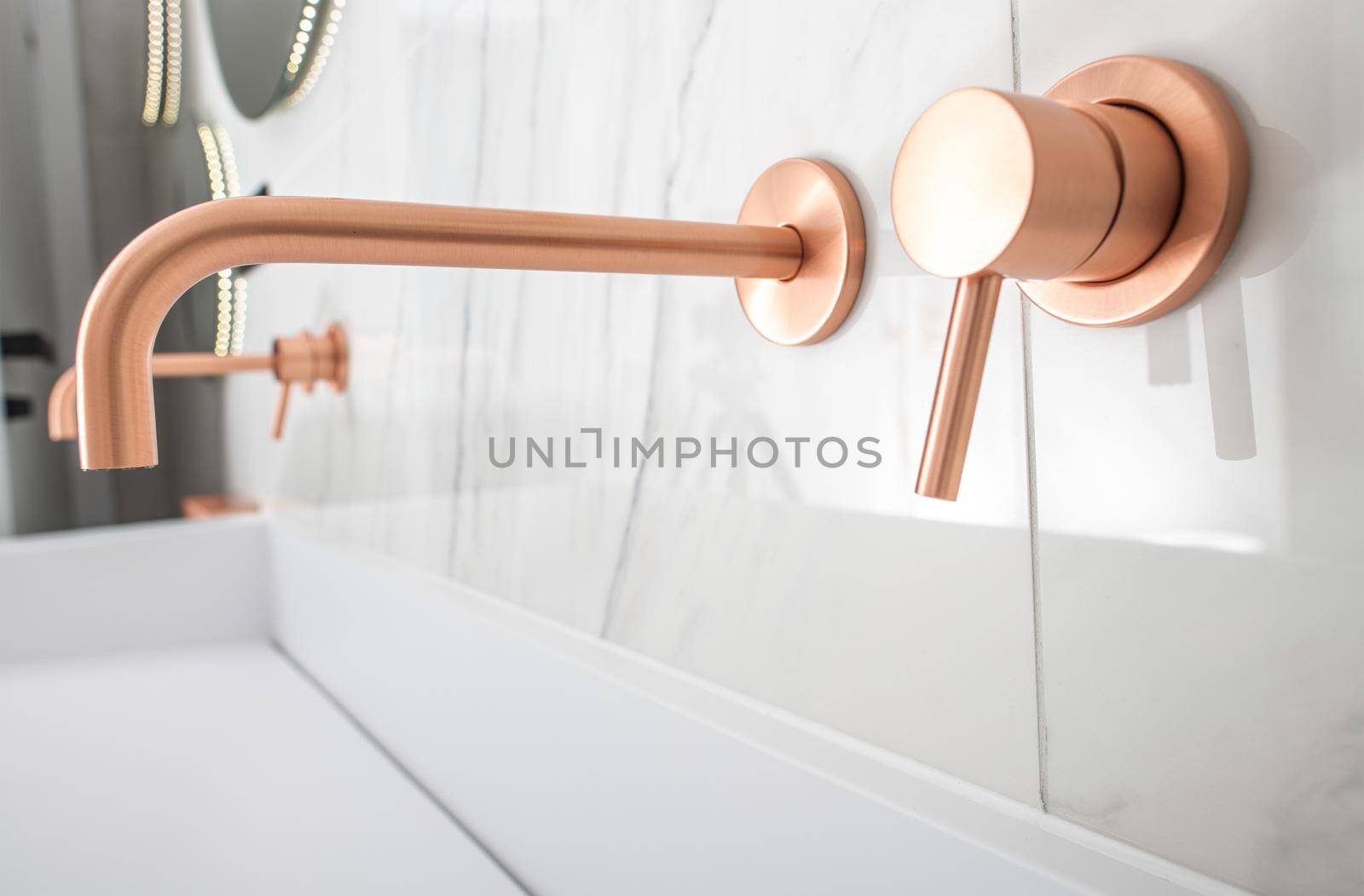 White Porcelain Sink With Copper Faucet, Knob, And Soap Dispenser. by welcomia