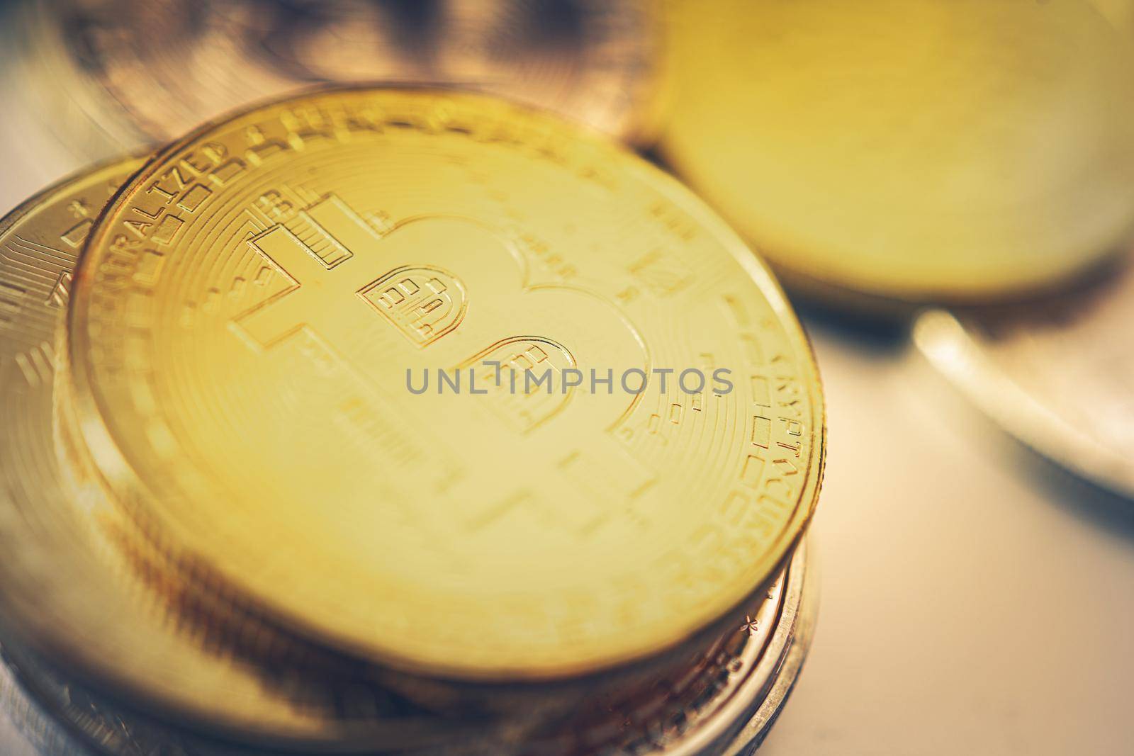 Close Up Of Pile Of Golden Crypto Currency Coins On Table. 