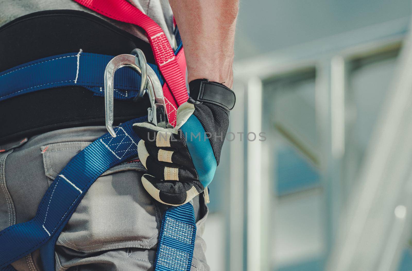 Workers Safety Harness. Caucasian Construction Contractor Safety Equipment Closeup.