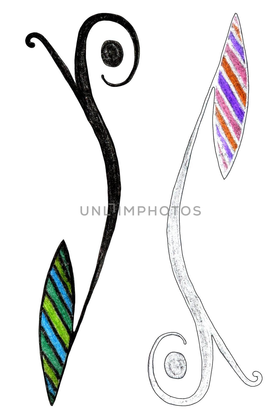 Abstract Branch with a Leaf Drawn by Colored Pencils. Hand Drawn Plant Isolated on White background.