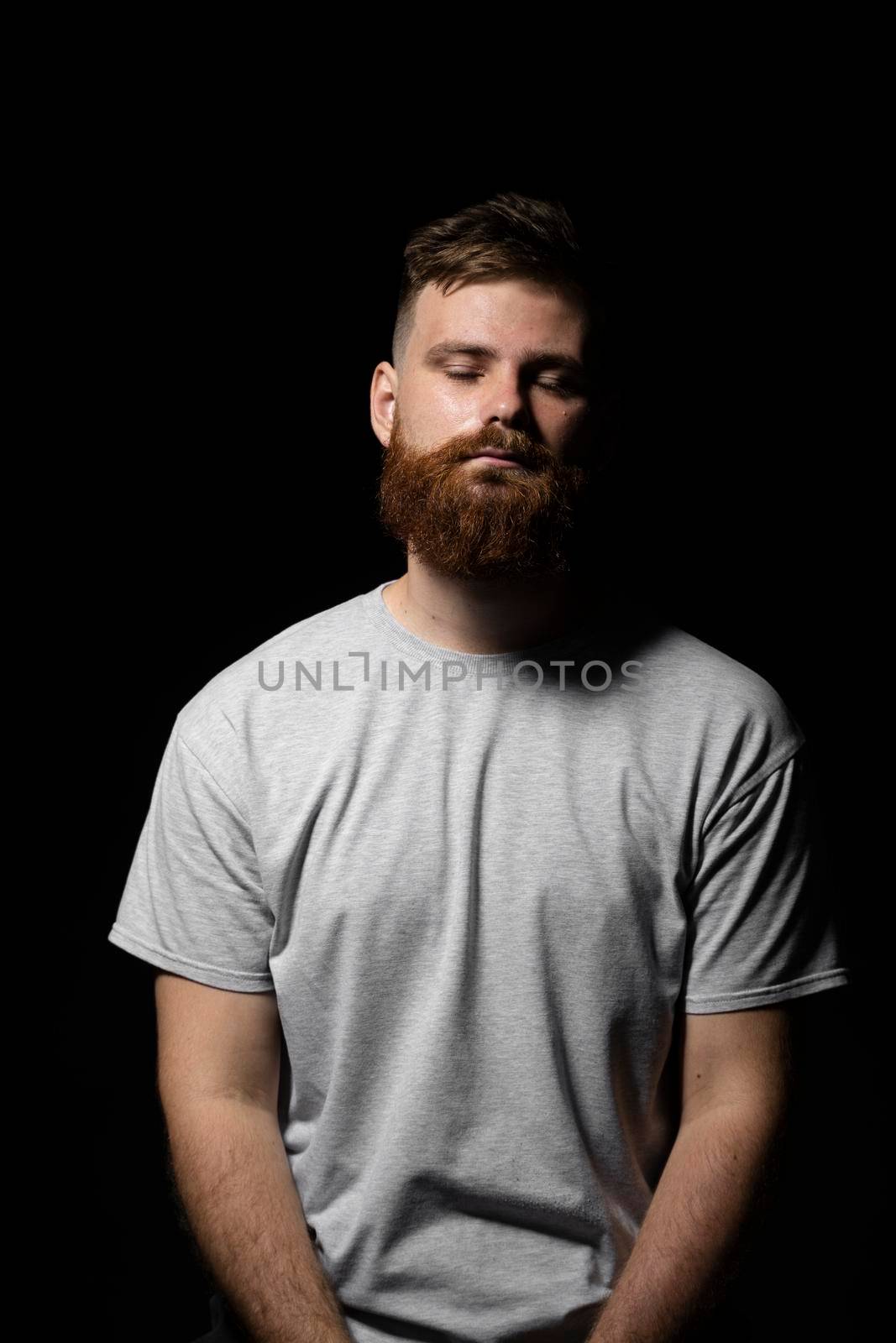Close-up portrait of a handsome a brunette brutal bearded man in a grey t-shirt. Stylish and handsome man with a beard. by vovsht