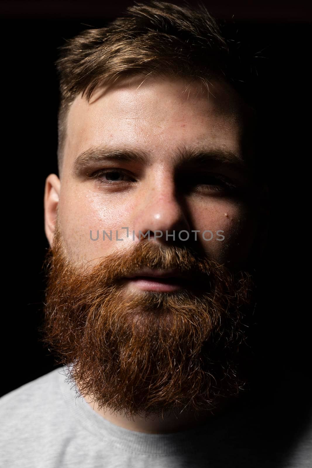 Close-up portrait of a handsome a brunette brutal bearded man in a grey t-shirt. Stylish and handsome man with a beard