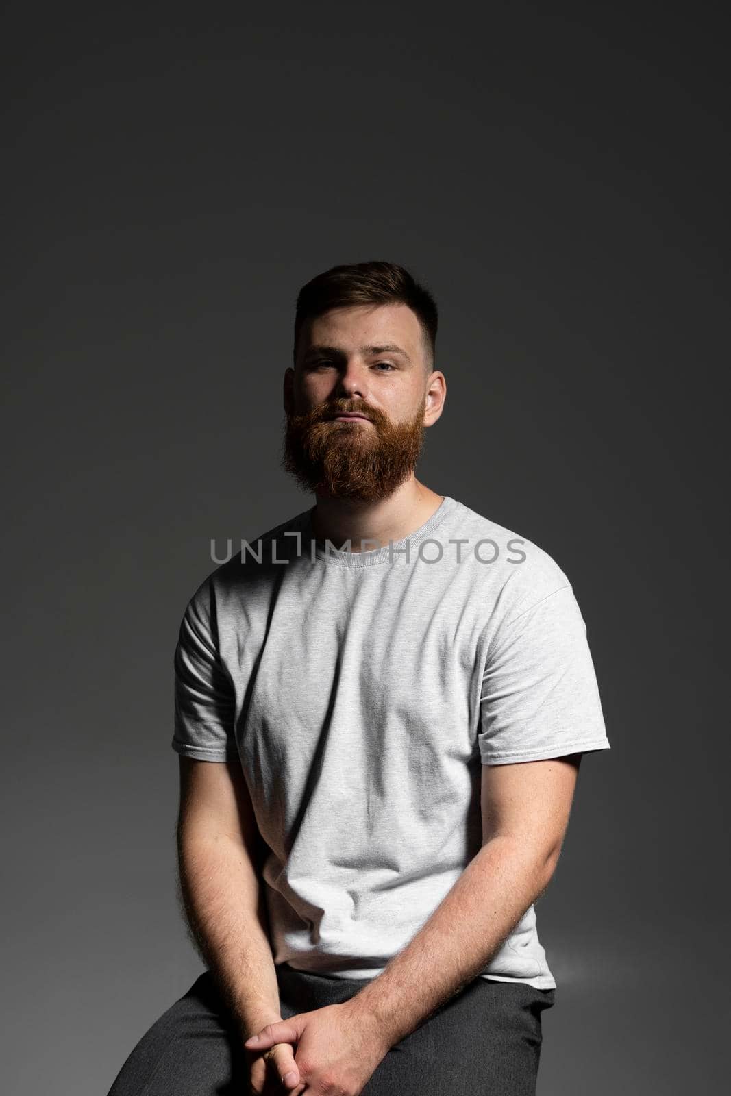 Close-up portrait of a handsome a brunette brutal bearded man in a grey t-shirt. Stylish and handsome man with a beard