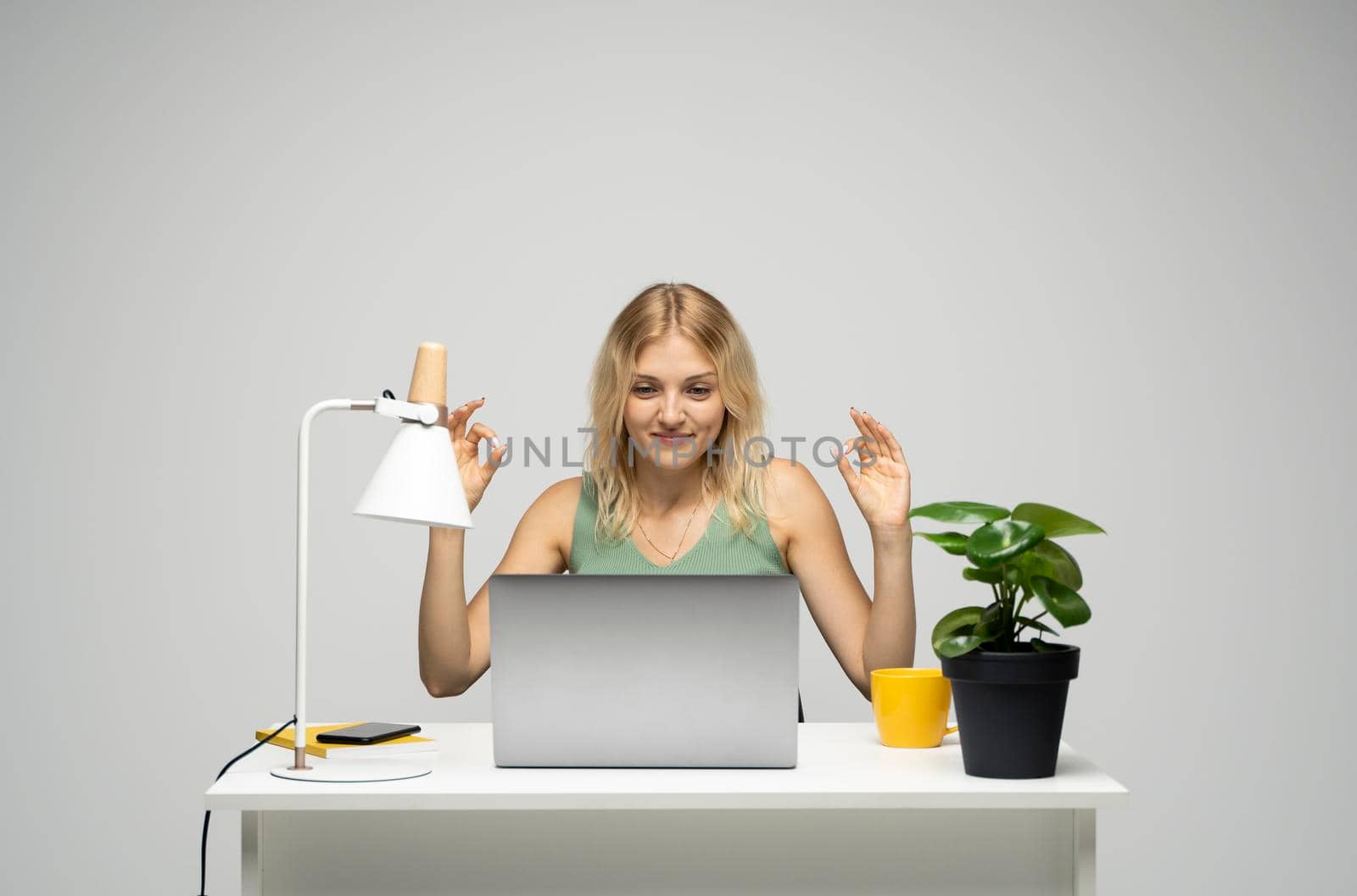 Portrait of a smiling girl working with laptop computer while sitting at a table and showing ok gesture isolated over white background. by vovsht