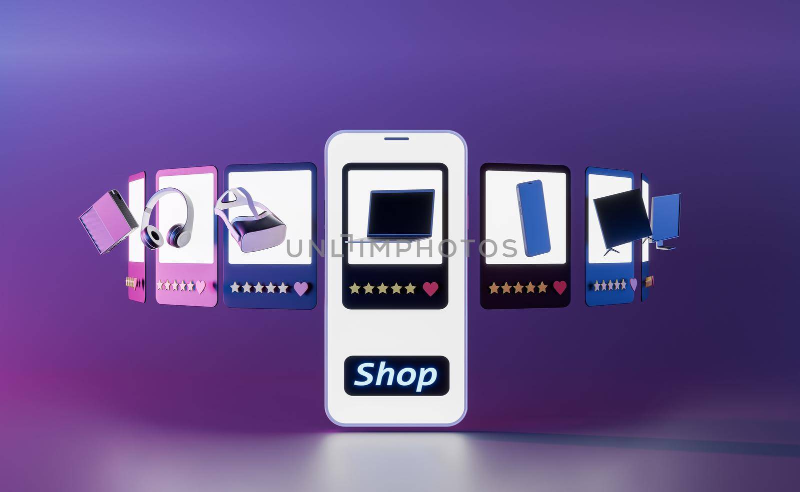 mobile screen with multimedia devices in the form of slides with neon lights. concept of online shopping, sales, technology, offer, liquidation. 3d rendering