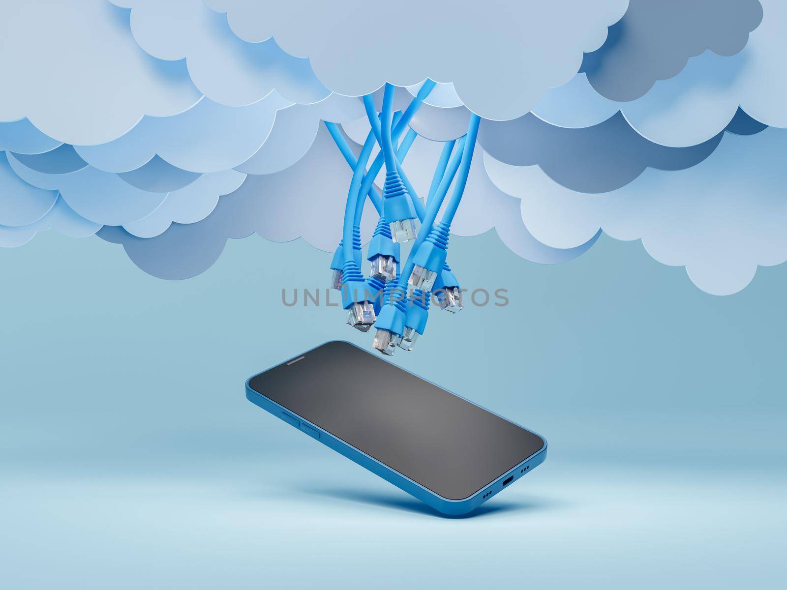 mobile phone with ethernet cables falling from flat clouds. cloud storage concept, technology, security, online and internet. 3d rendering