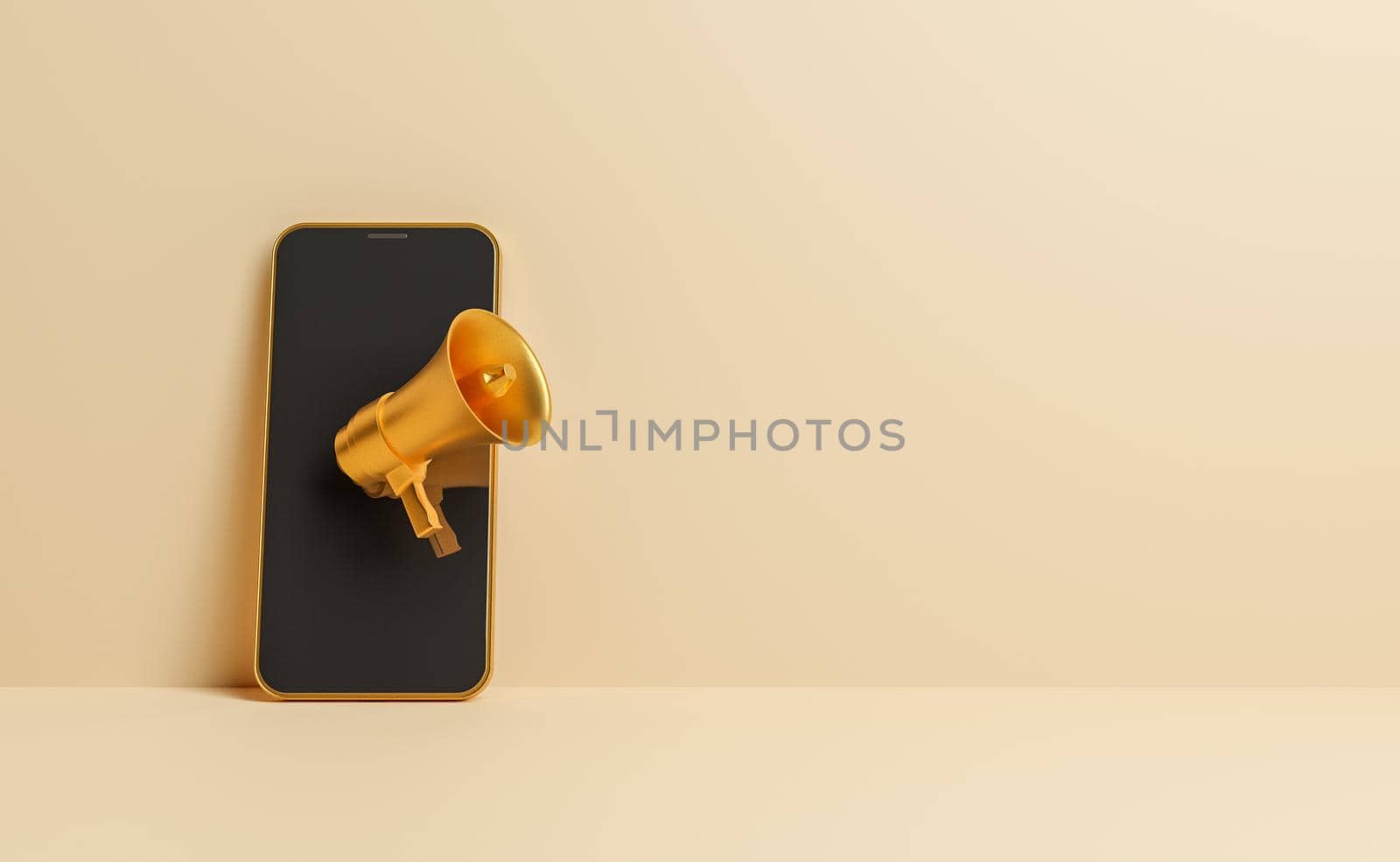 golden mobile phone with megaphone in front of it and space for text. concept for offers, advertisement, protest, online and notifications. 3d rendering