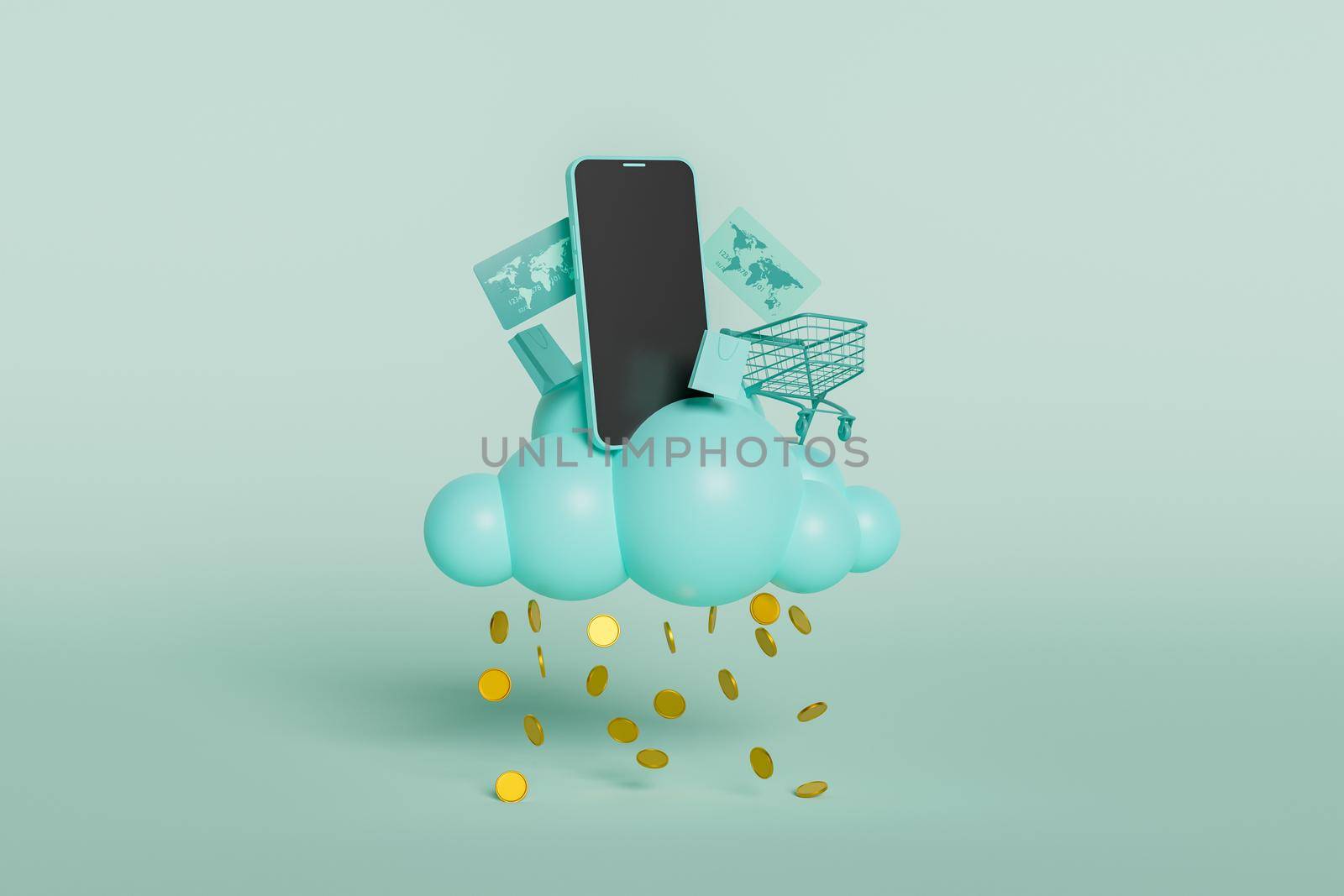 mobile phone on a cloud of spheres dropping coins with credit cards and shopping carts around. concept of online shopping, offers, sales and liquidation. 3d rendering