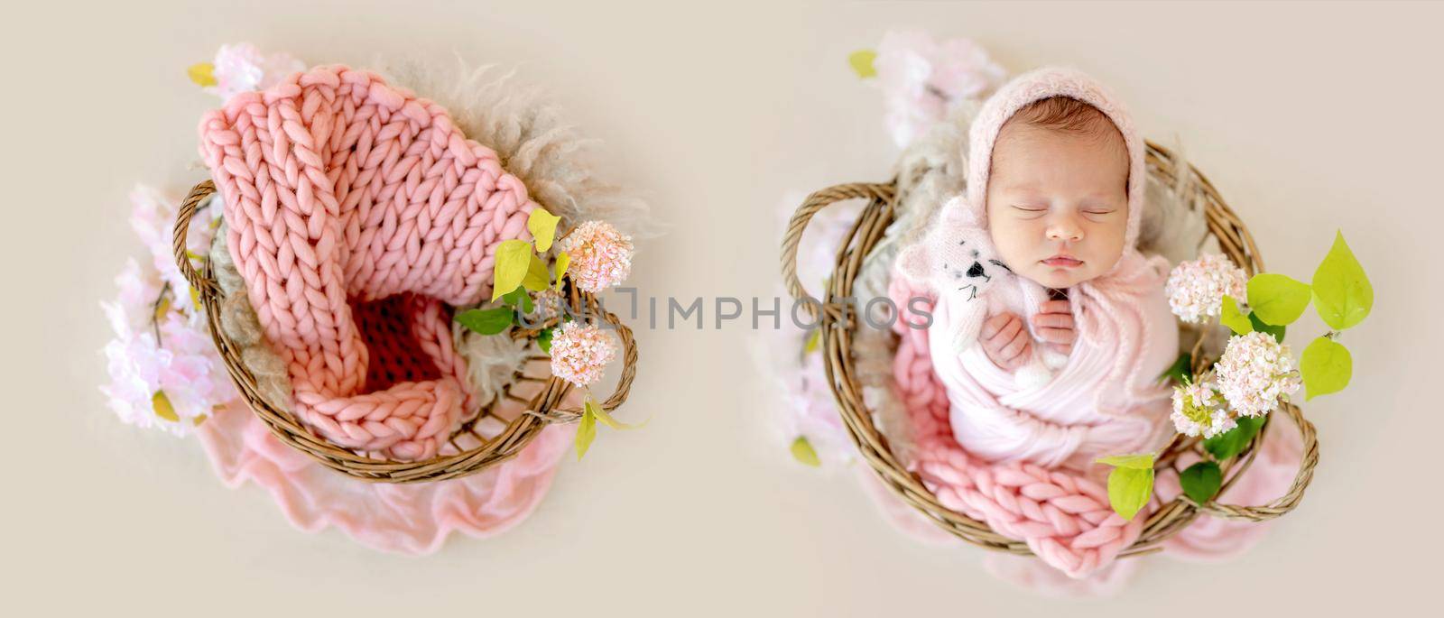 Collage with newborn baby portrait and empty furniture by tan4ikk1